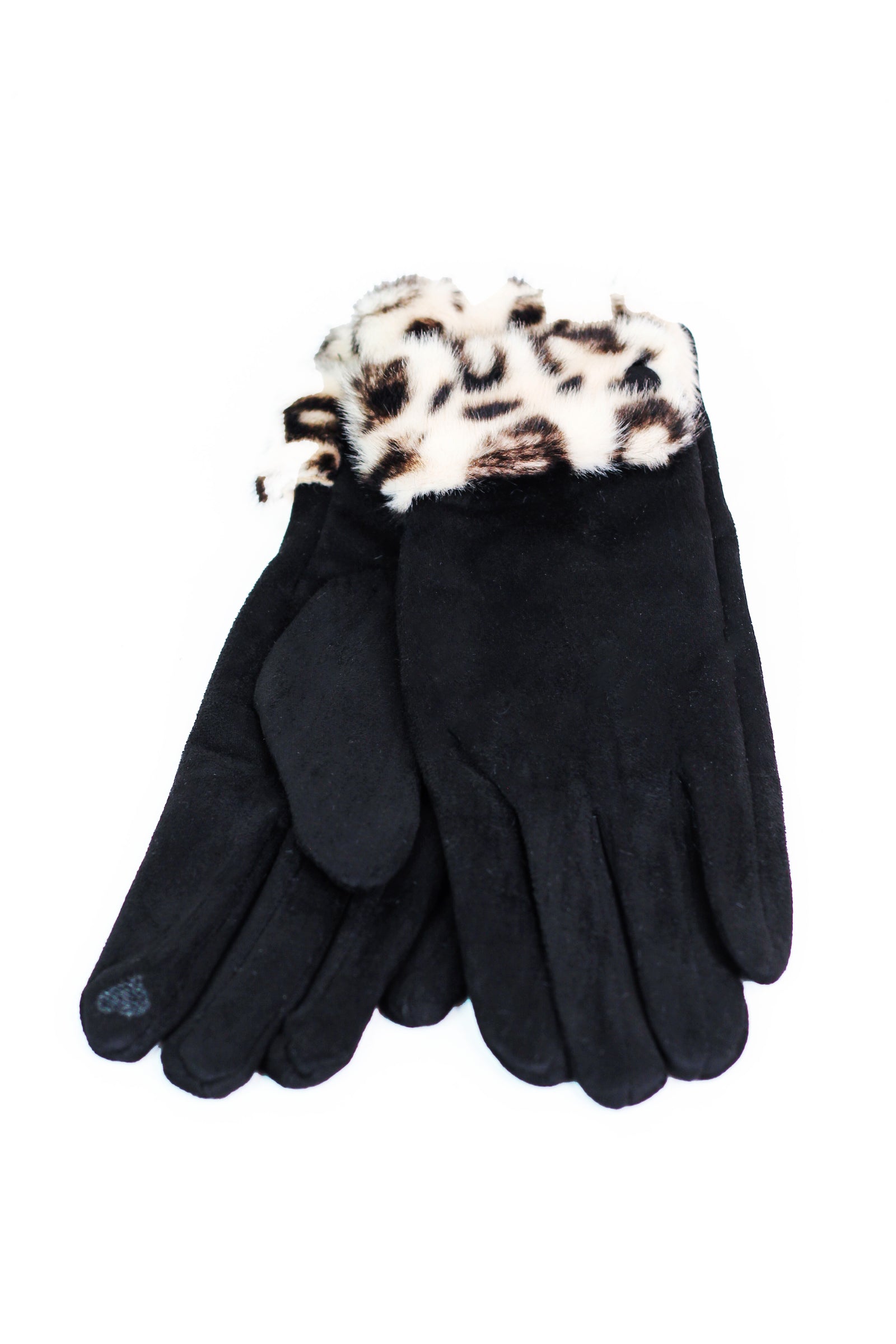Leopard Faux Fur Trimmed Gloves w/ Smart Touch Finger