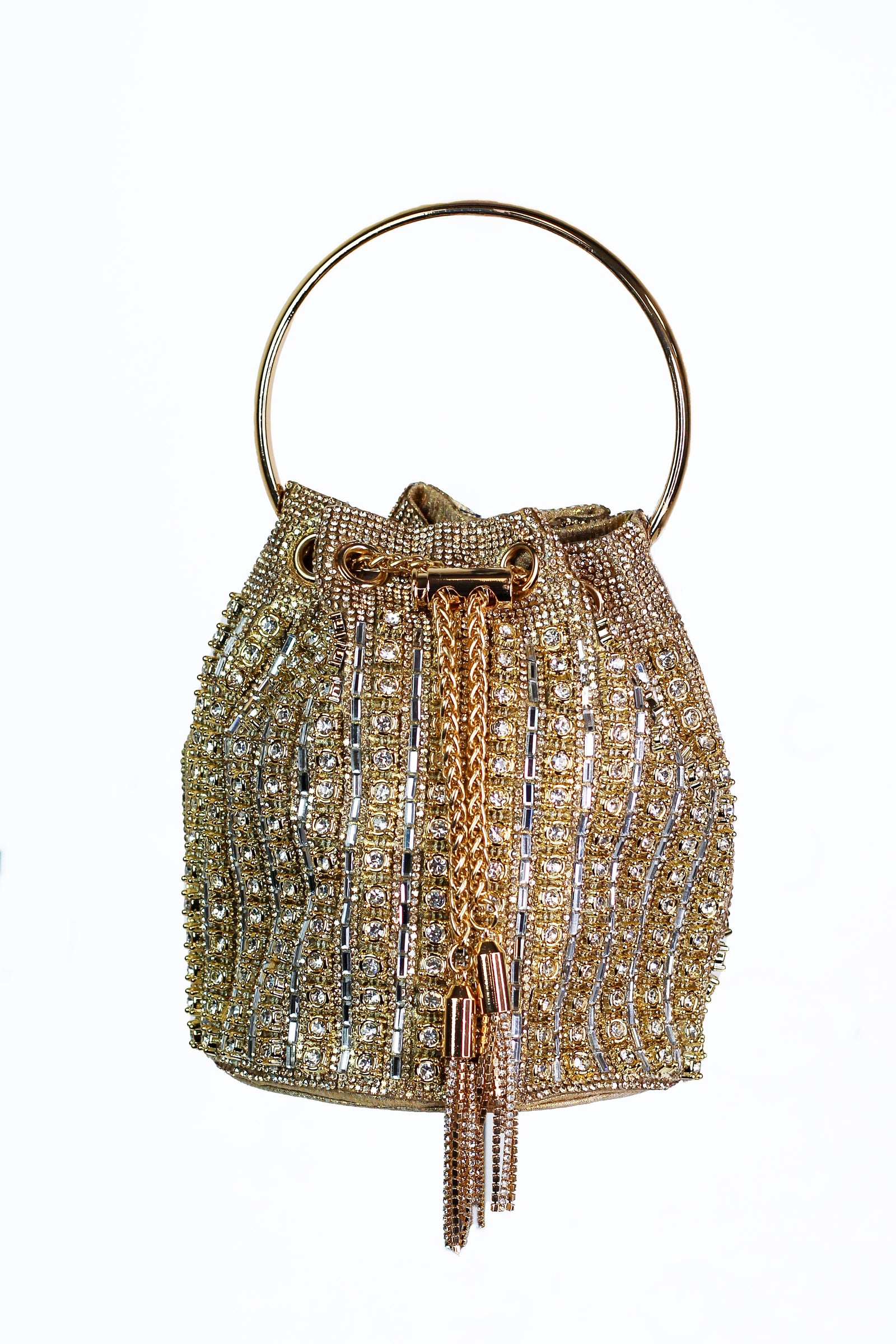 Rhinestone & Baguette Striped Drawstring Purse w/ Round Metal Handle