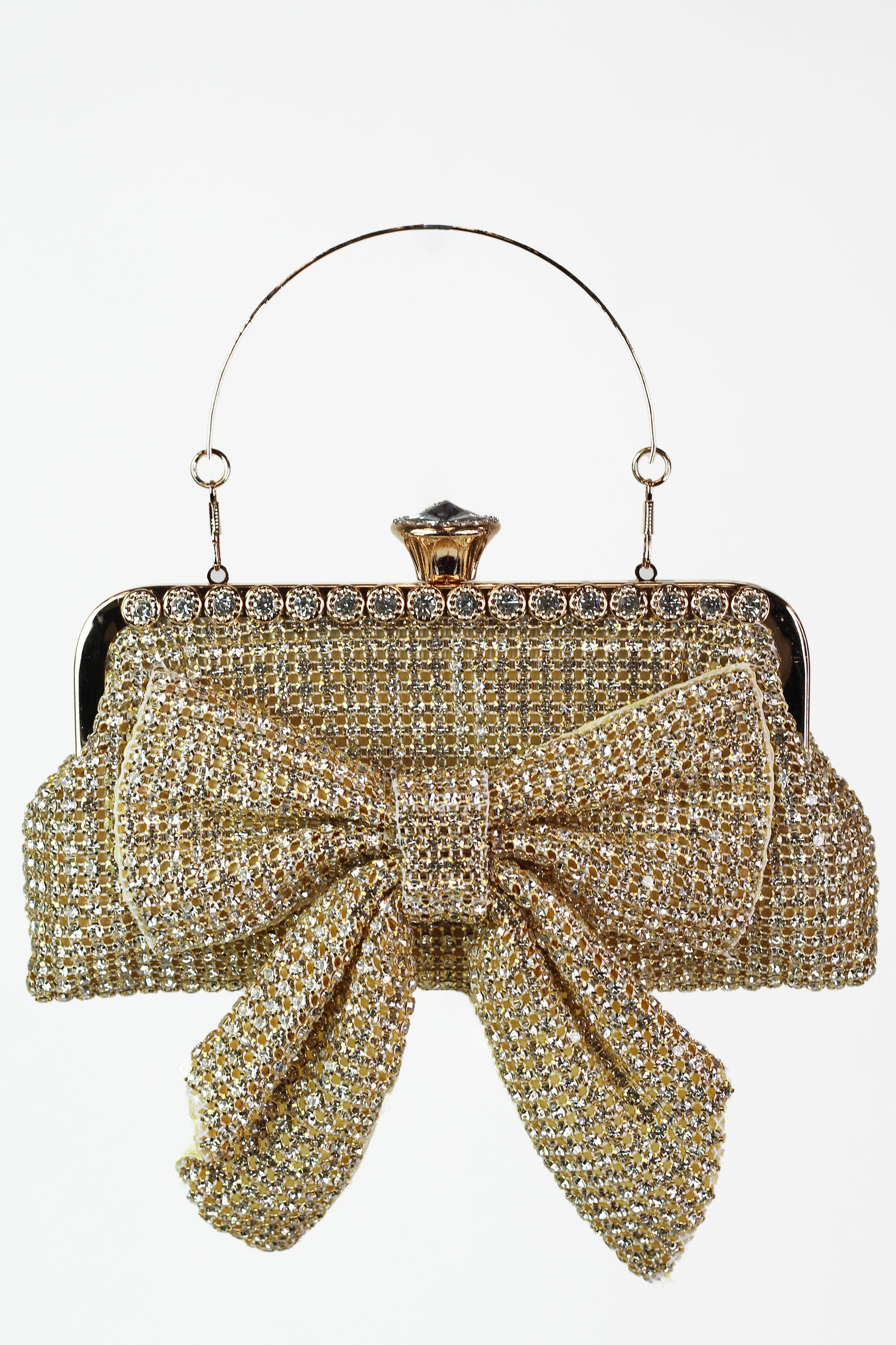 Rhinestone Mesh Clutch w/ Front Bow & Jewel Closure