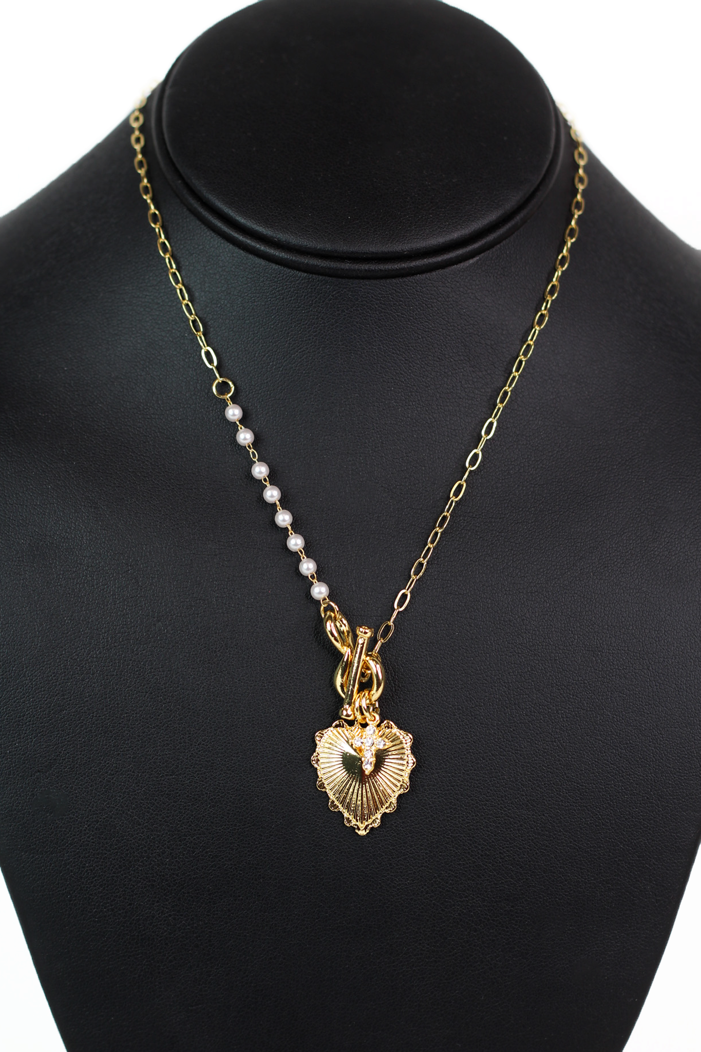 1/2 Pearl Accent Chain w/ Scalloped Heart & Rhinestone Cross