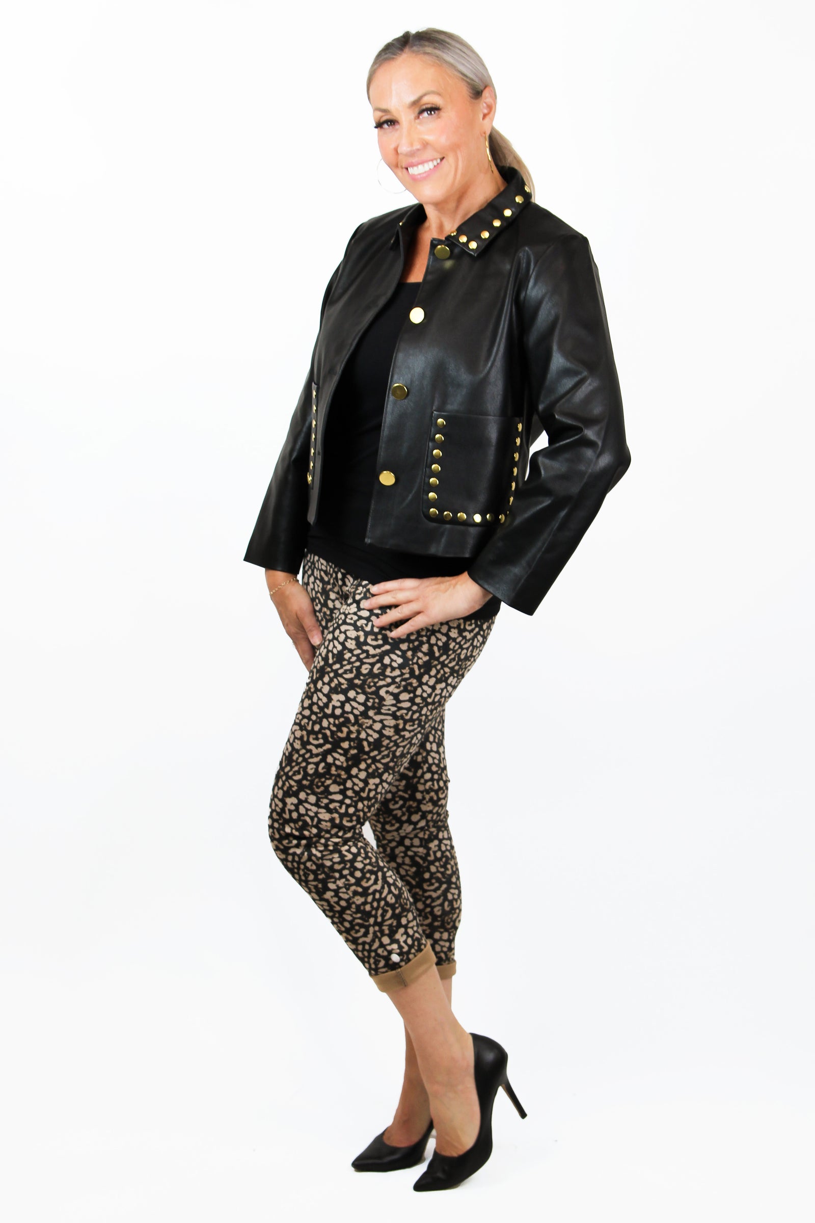 Faux Leather Studded Pocket & Collar Jacket