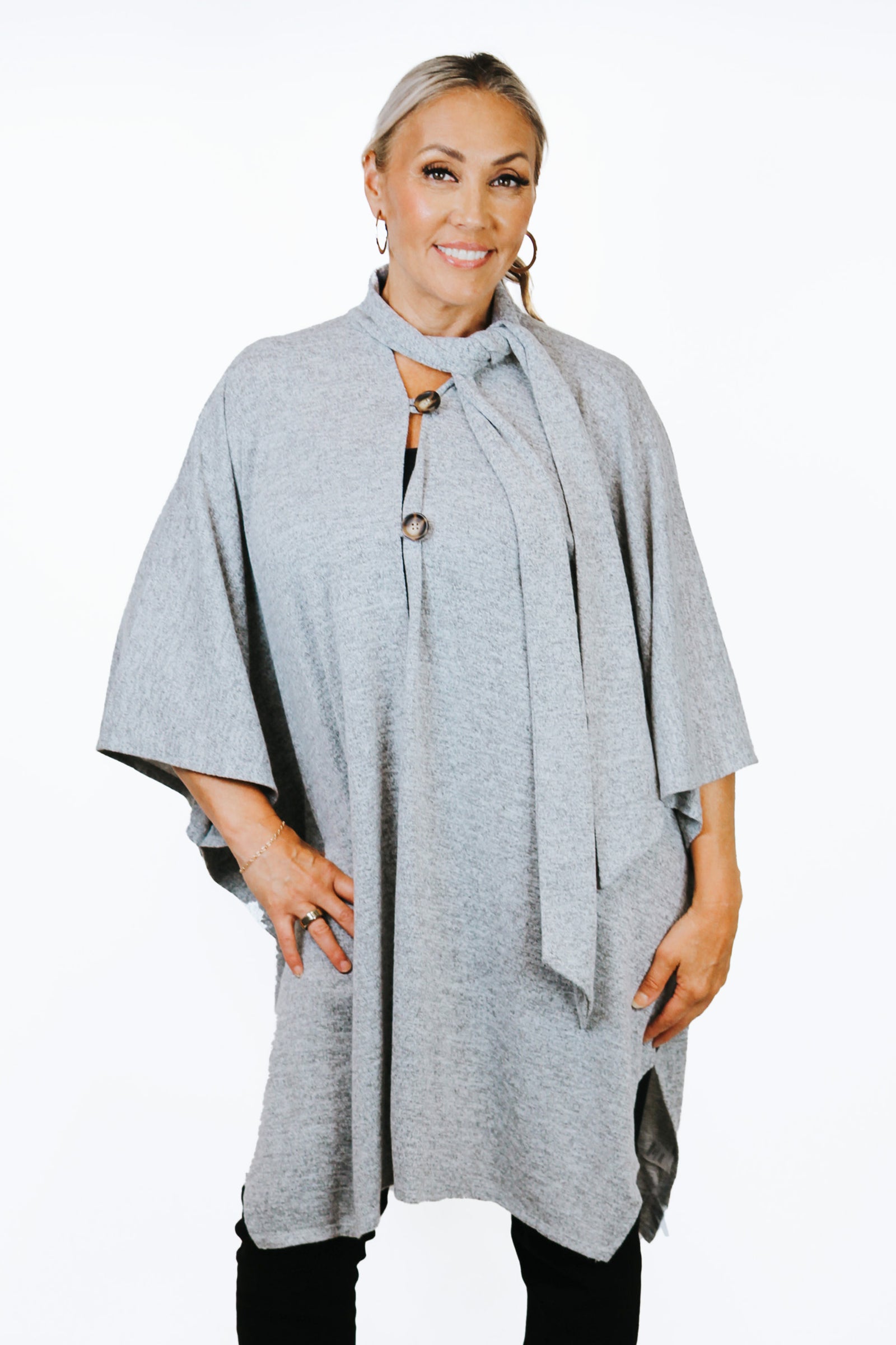 Knit Cape w/ Top Button Closure & Attached Scarf