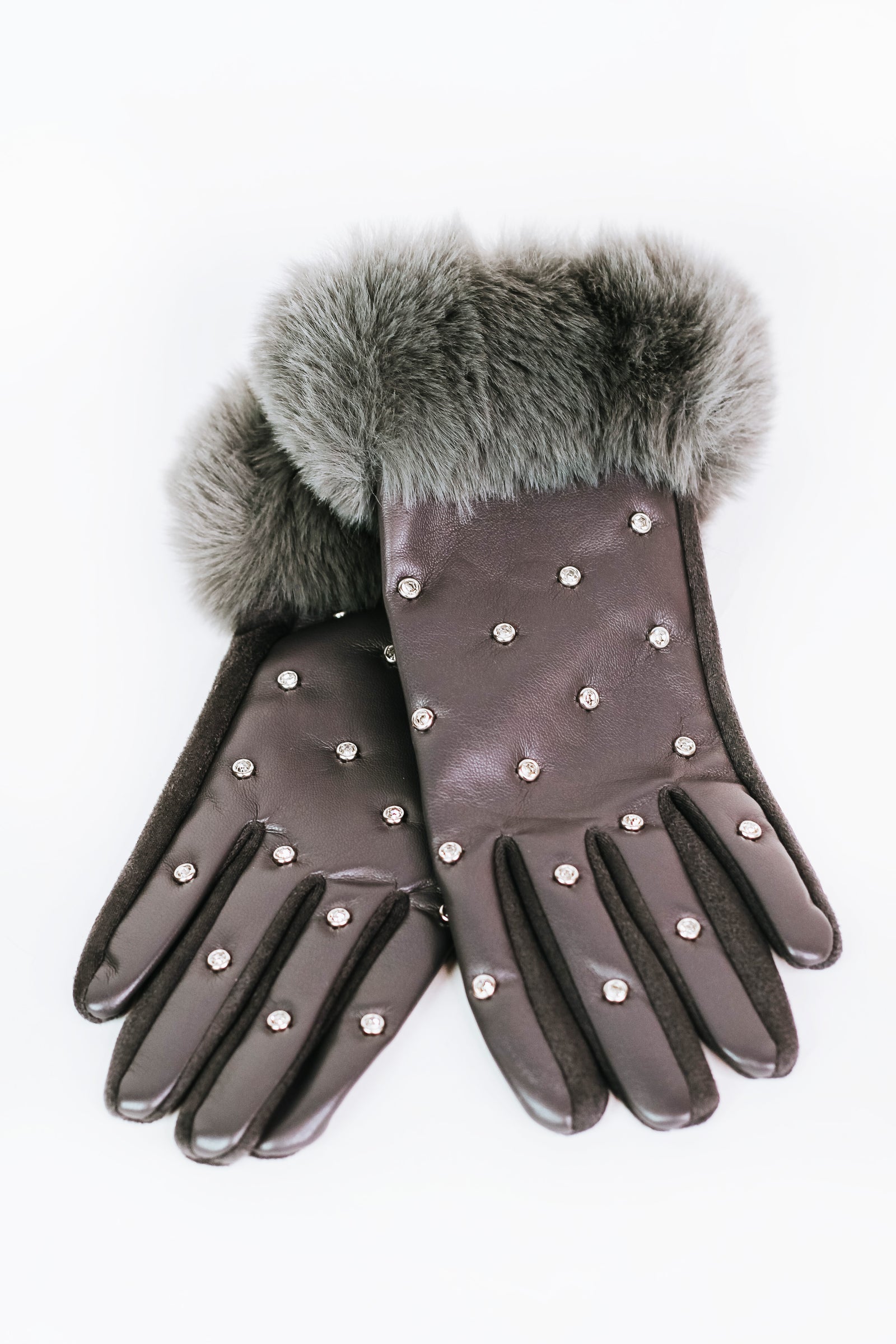 Rhinestone Studded Gloves w/ Faux Fur Cuffs