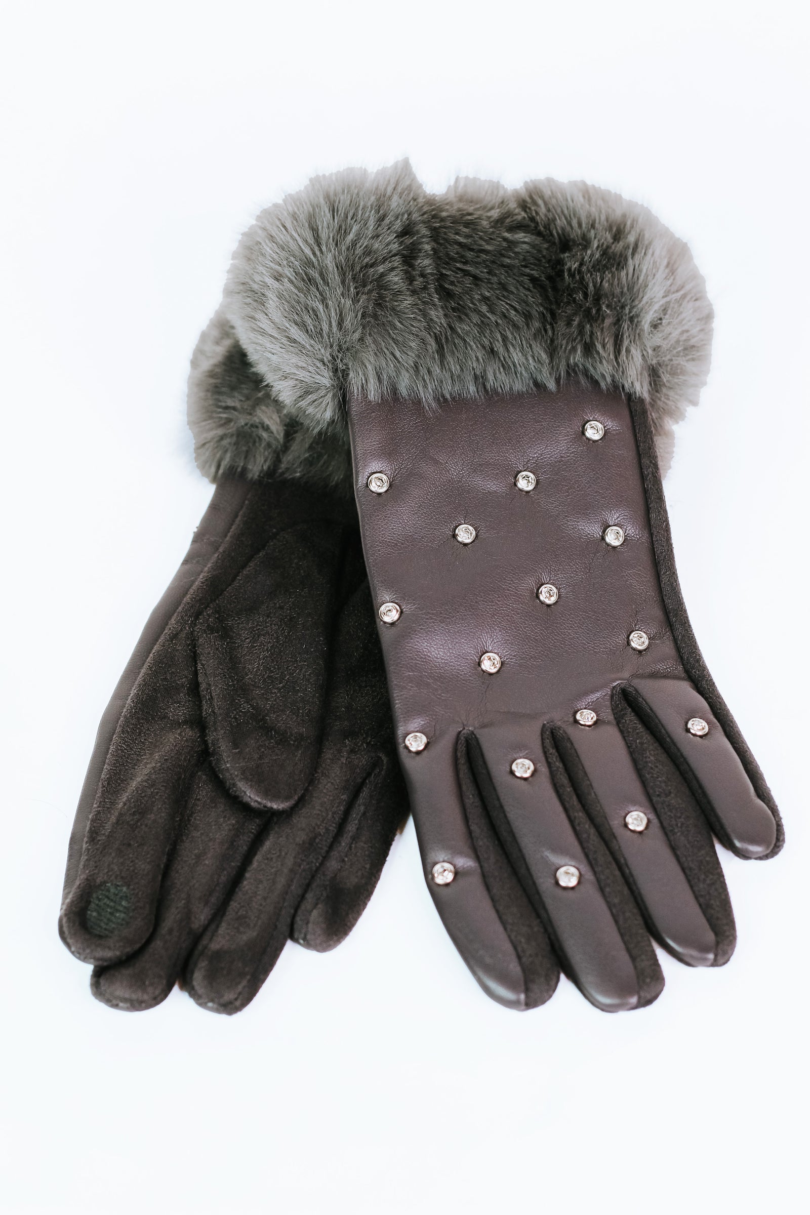 Rhinestone Studded Gloves w/ Faux Fur Cuffs