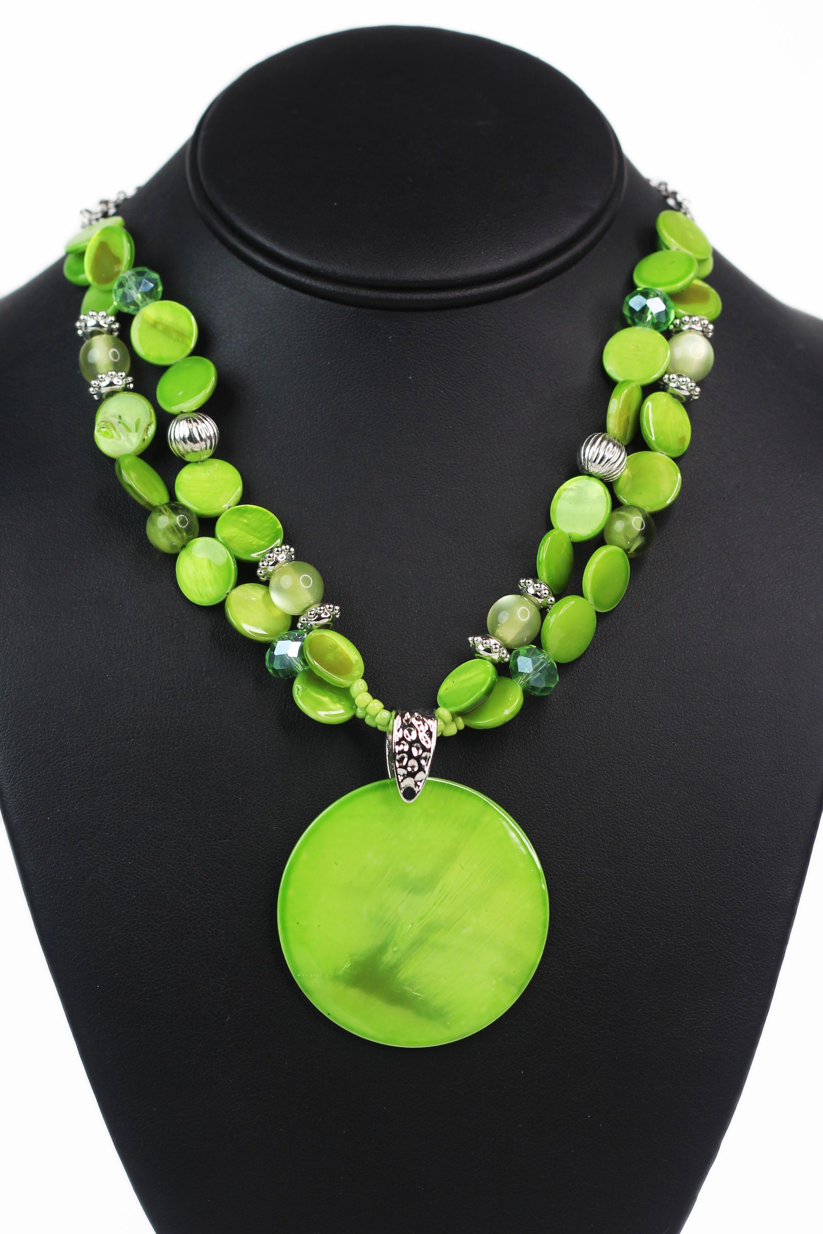 Two Strand Beaded Necklace w/ Round Shell Pendant