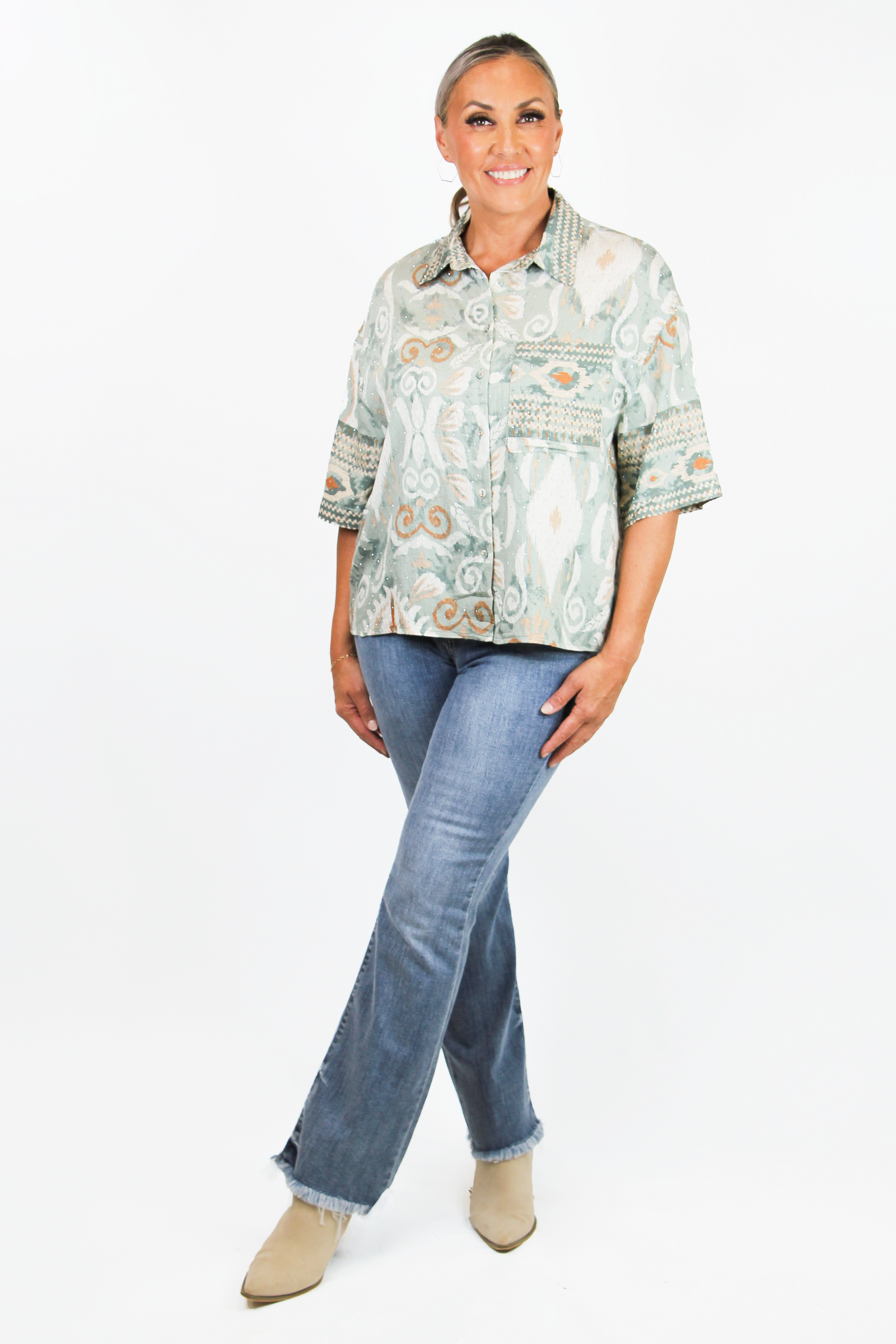 Printed Button Down Crop Top w/ Rhinestone Embellishments