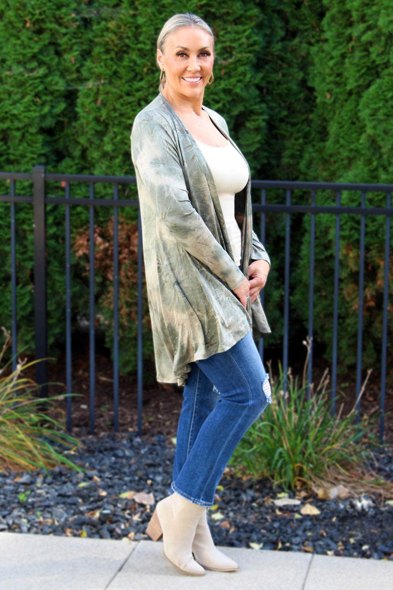 Cascade Front Tie Dyed Cardigan w/ Rhinestone Embellishment
