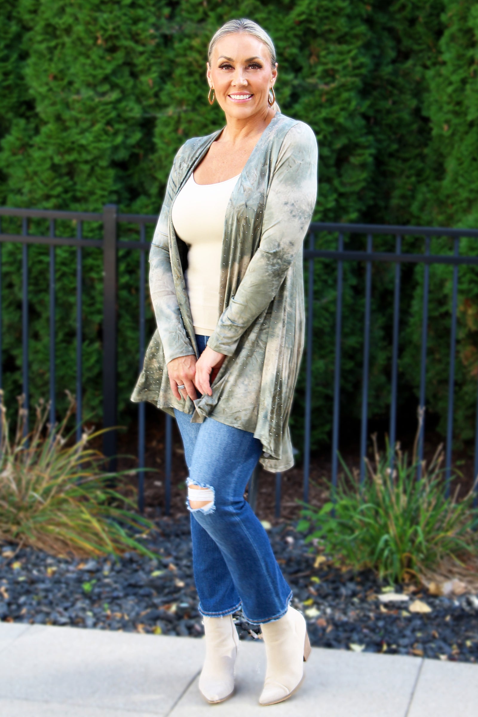 Cascade Front Tie Dyed Cardigan w/ Rhinestone Embellishment