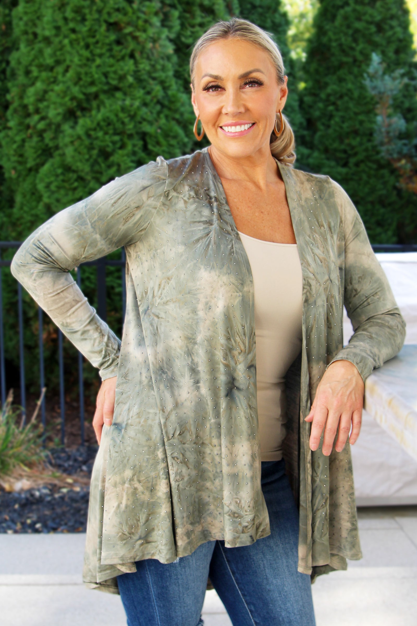 Cascade Front Tie Dyed Cardigan w/ Rhinestone Embellishment