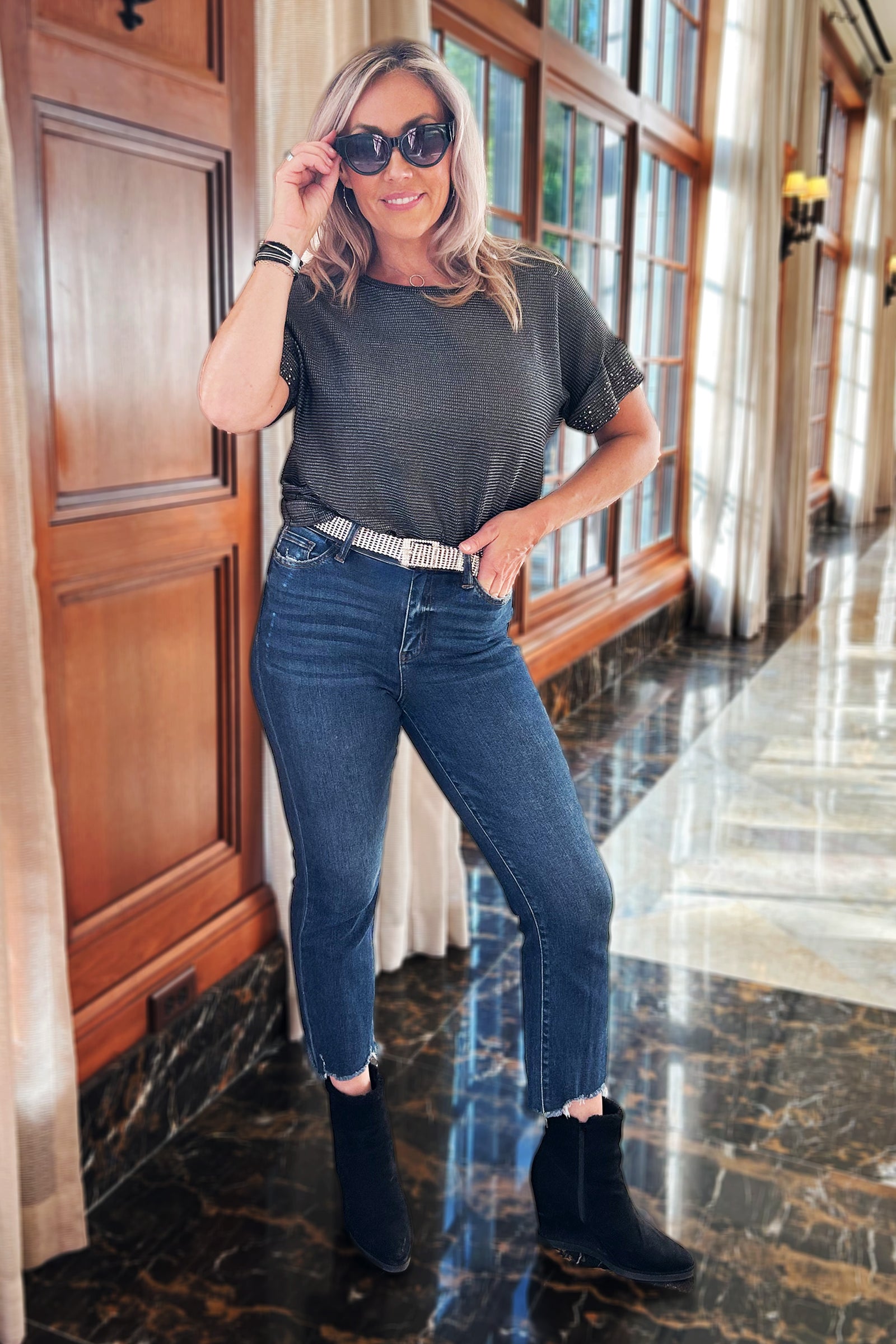 Round Neckline Rhinestone Sleeve Detail