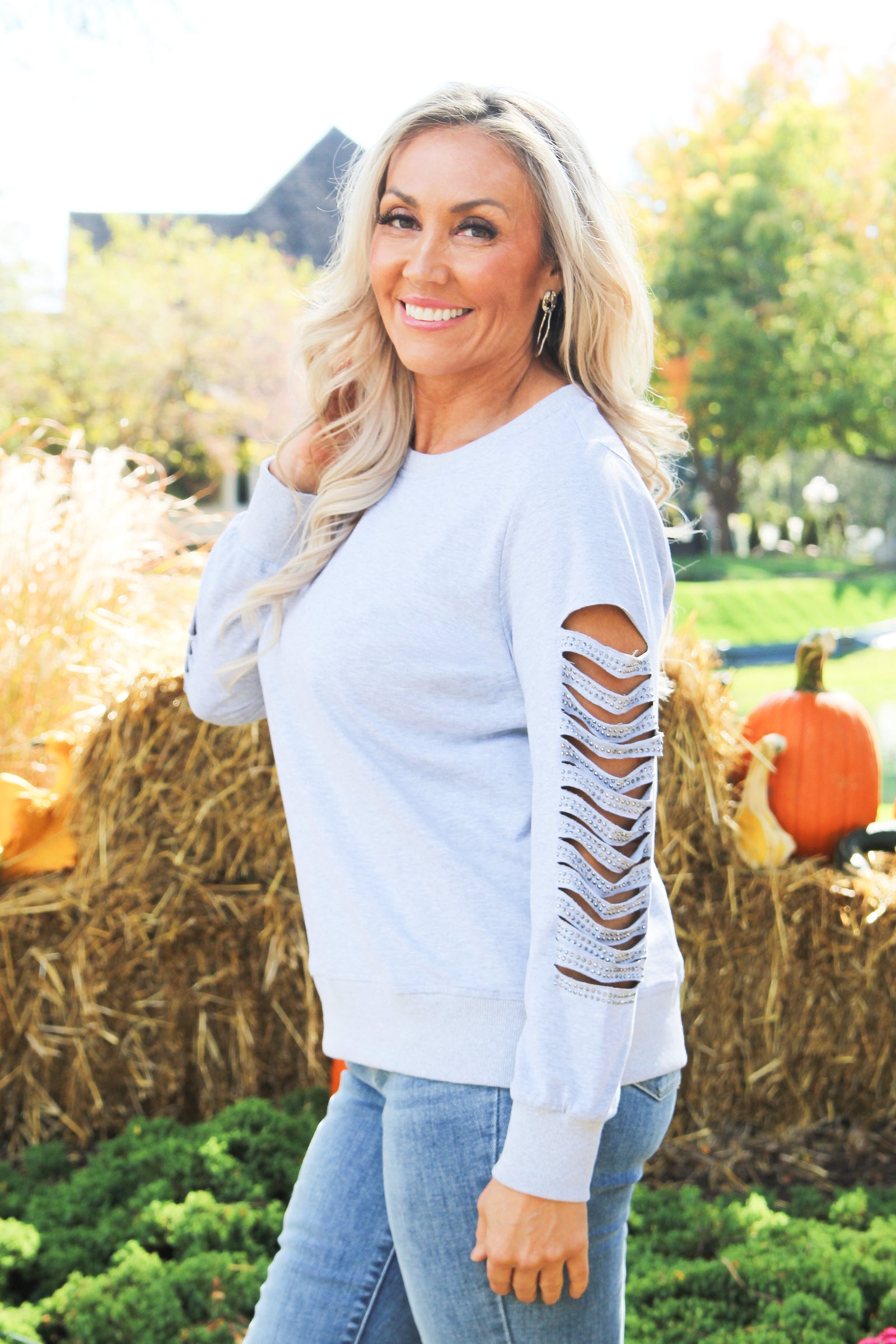 French Terry Sweatshirt w/ Rhinestone Embellished Sleeve Slits