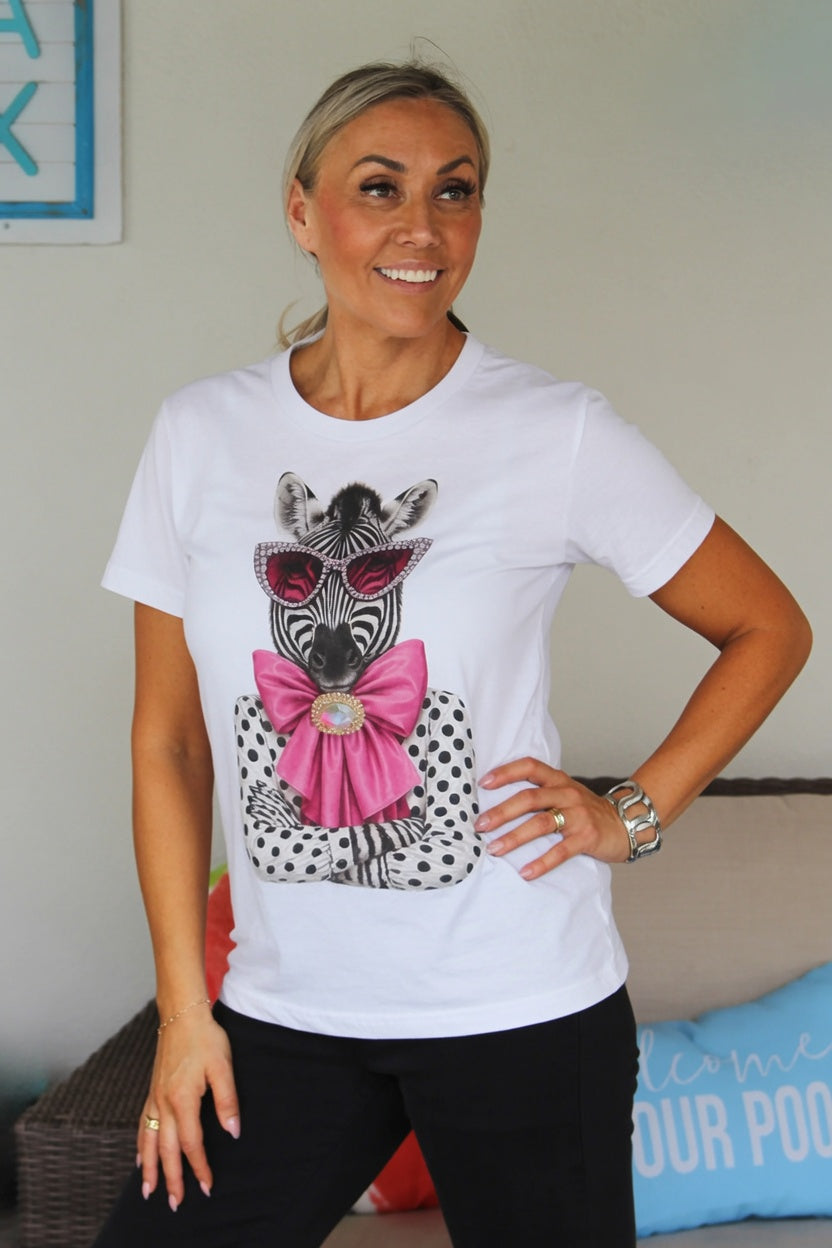 Zebra Wearing Sunglasses & Pink Bow w/ Rhinestone Brooch T-Shirt