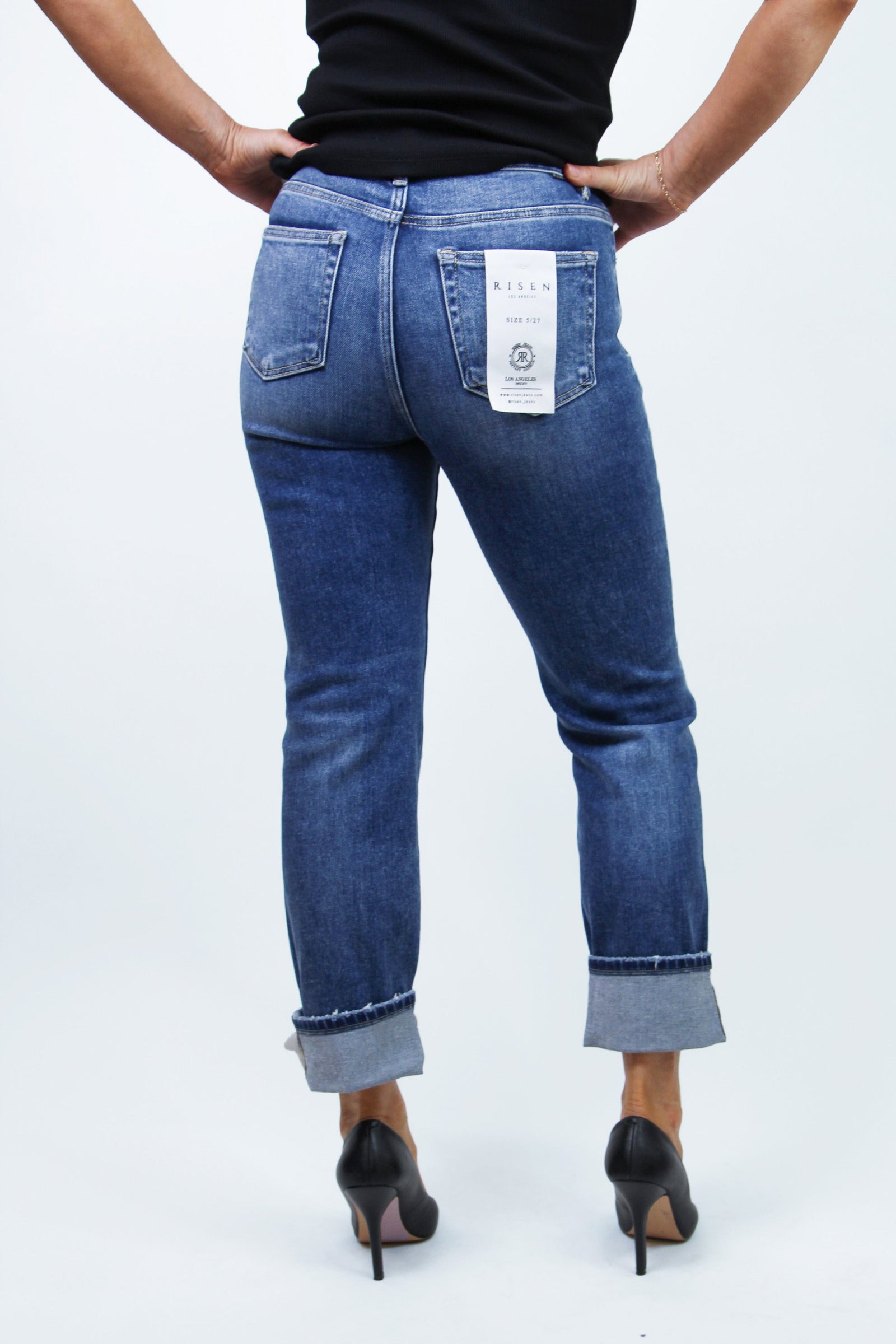 High Rise Crop Straight Cuffed Jeans