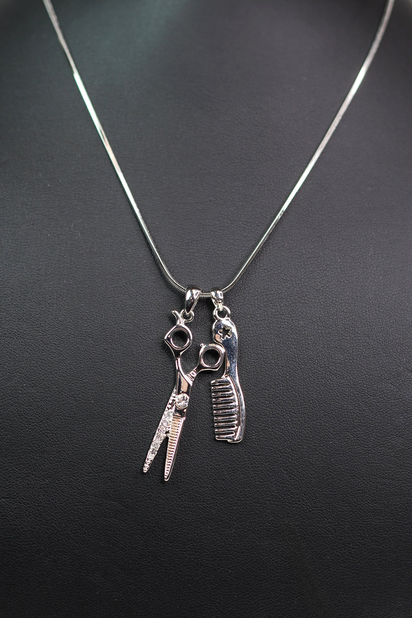 Hair Comb & Shears Rhinestone Accented Charm Necklace
