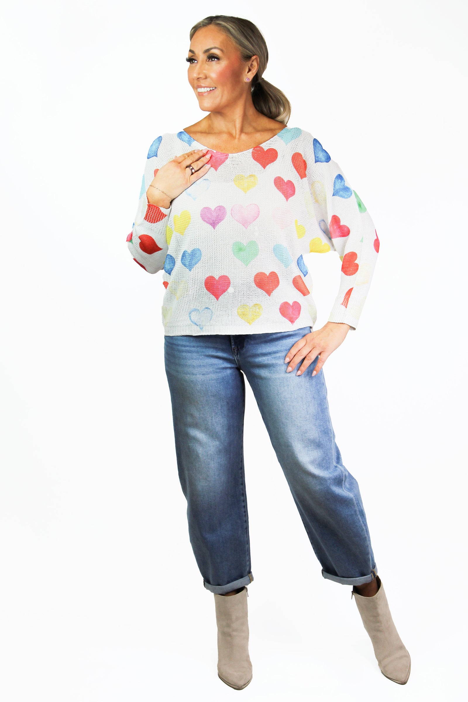 V-Neck Multicolored Hearts Italian Knit Sweater - Glitz & Ears Boutique