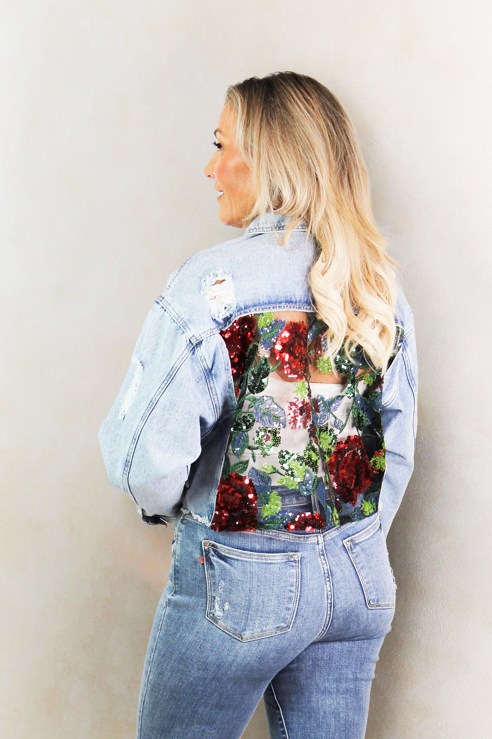 Distressed Denim Jacket w/ Floral Sequin Mesh Back & Pocket Accents