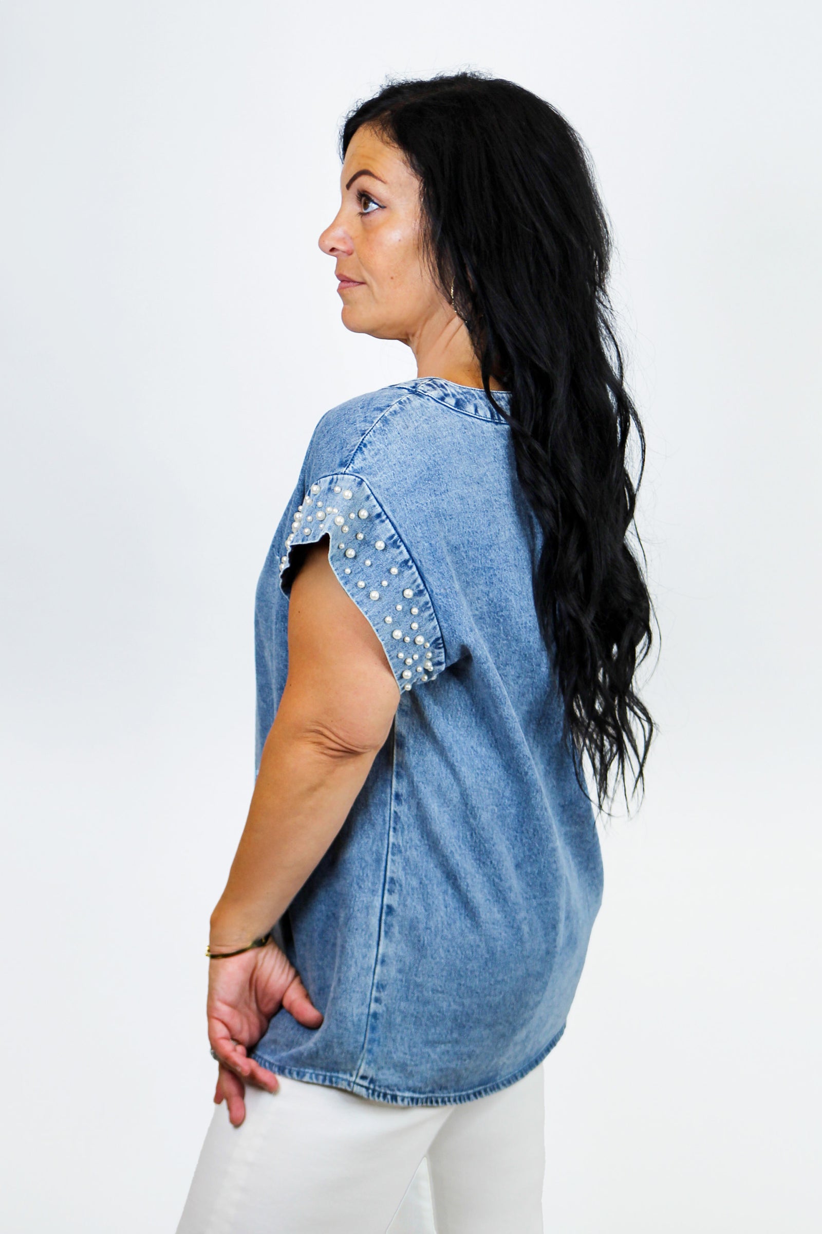 Acid Washed Denim Top w/ Pearl Sleeve Embellishment