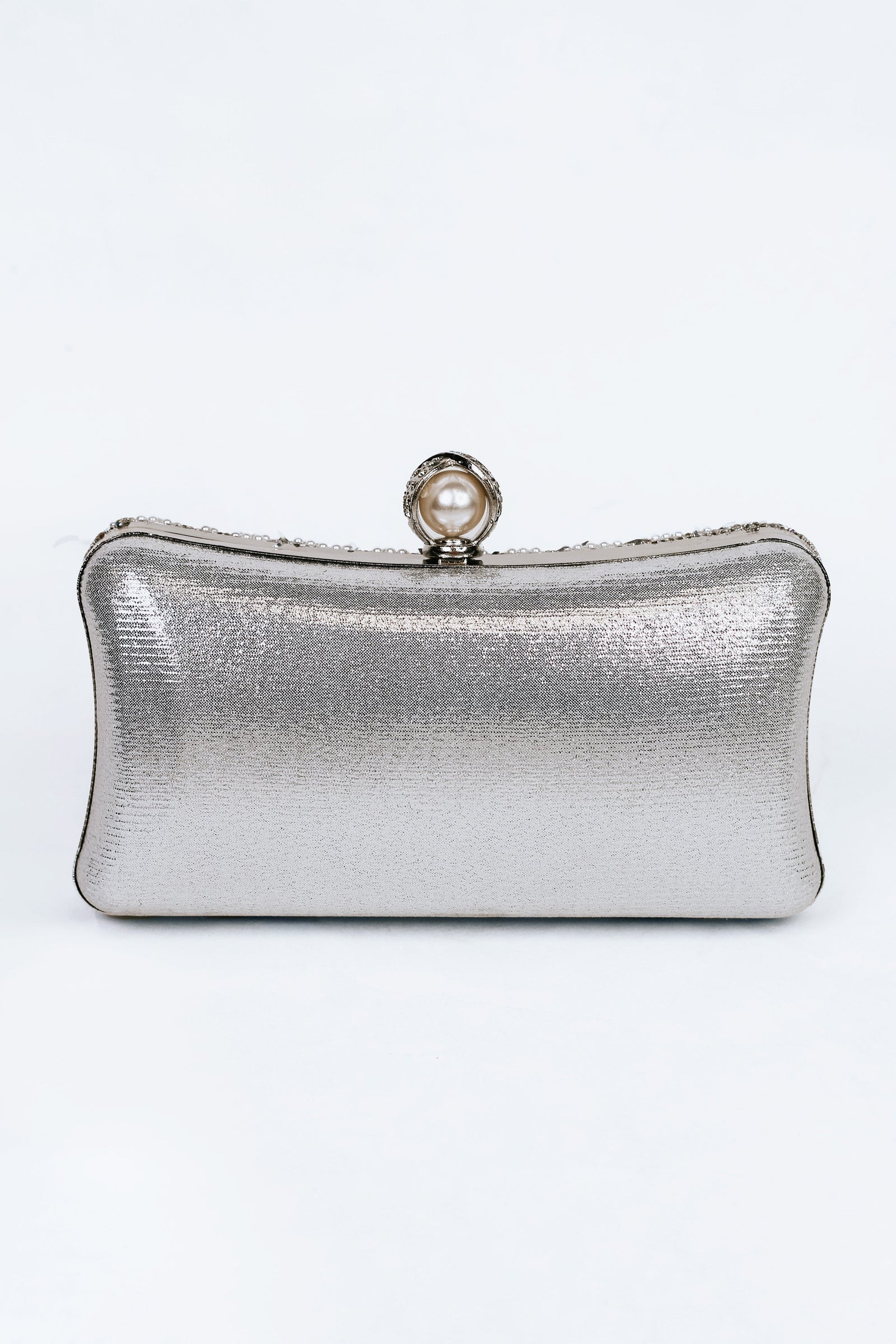 Shimmery Pearl & Metal Design Clutch w/ Pearl & Rhinestone Closure
