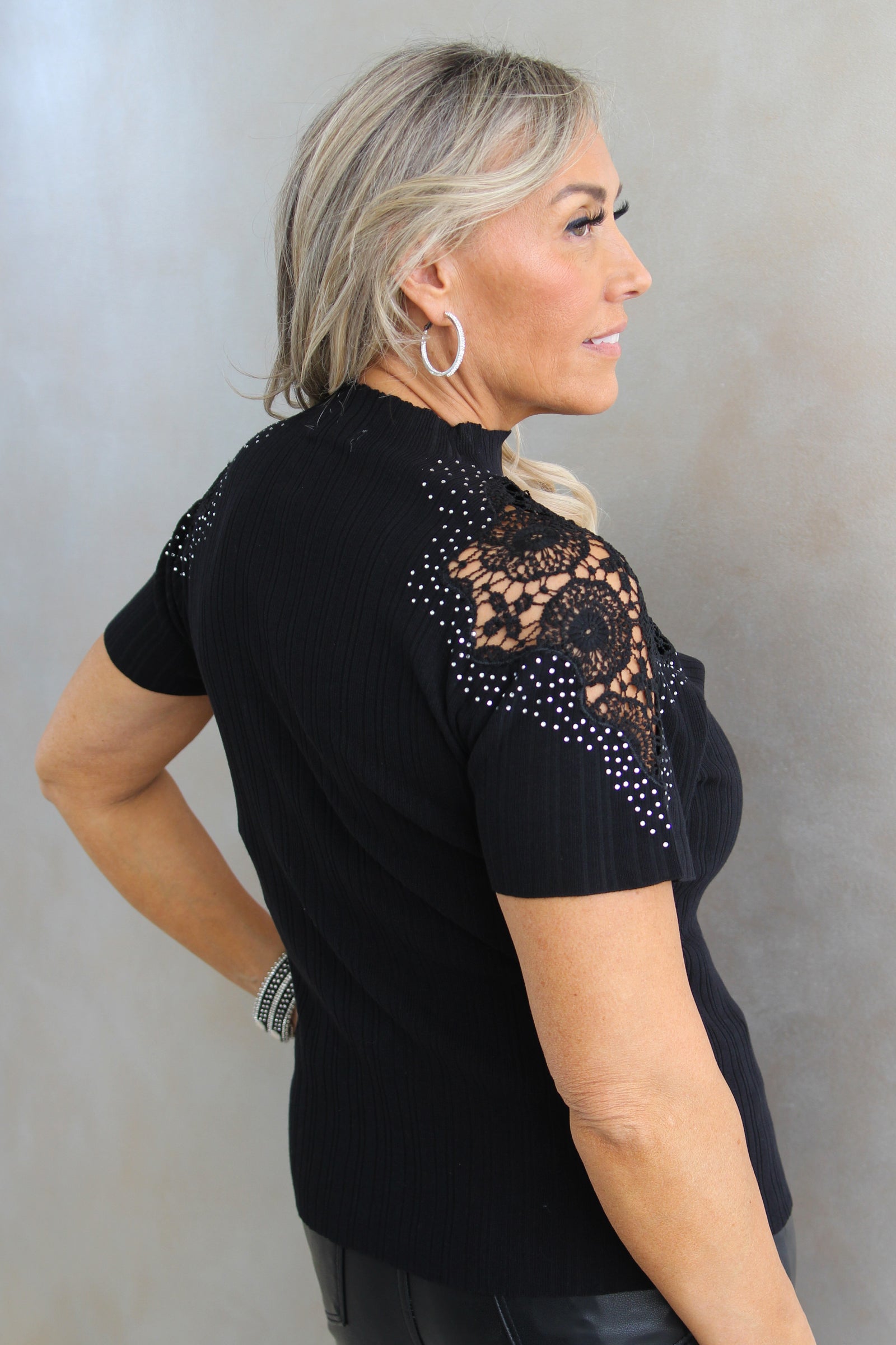 Short Sleeve Sweater w/ Lace & Stone Accents
