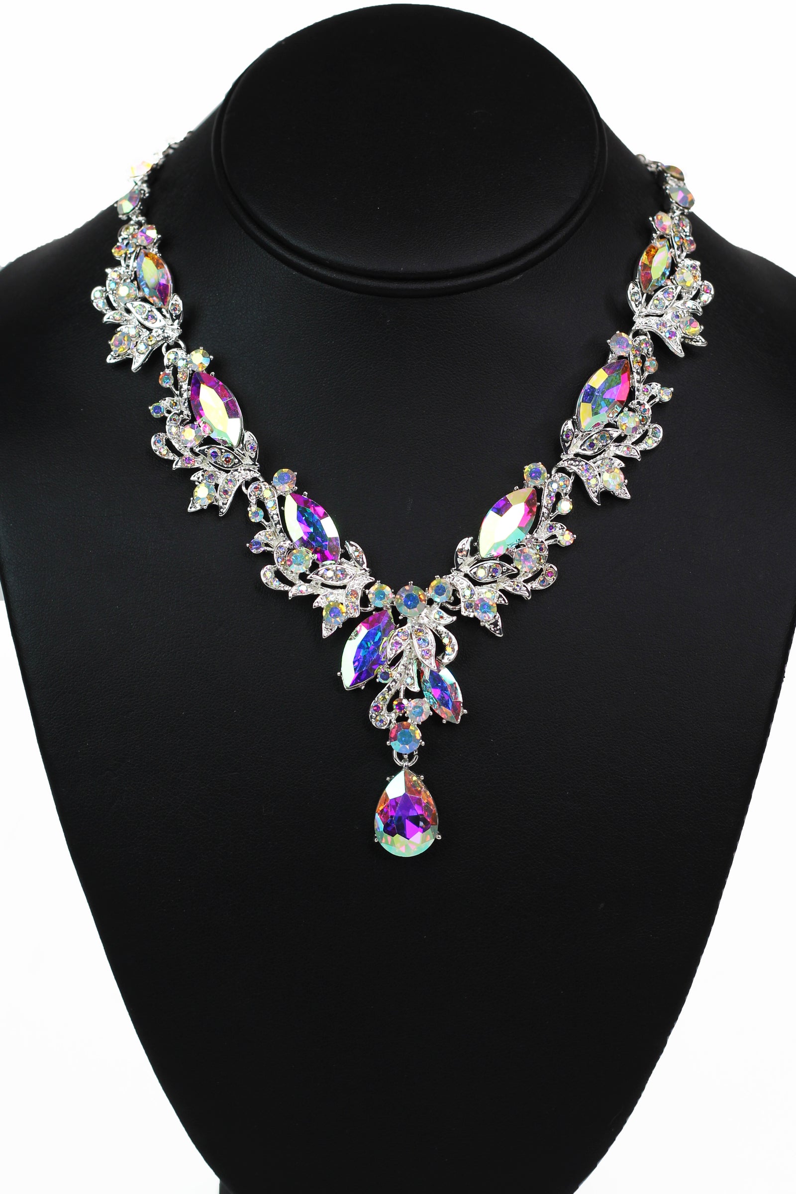 Large Marquis Rhinestones & Pave Leaves & Dangling Teardrop Necklace - Glitz & Ears Boutique
