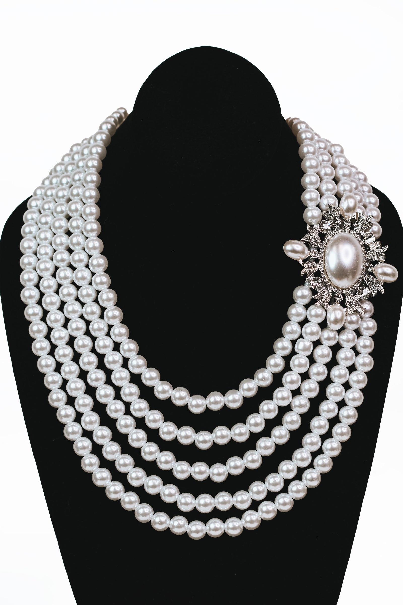 Large Oval Side Multi Strand Pearl Necklace