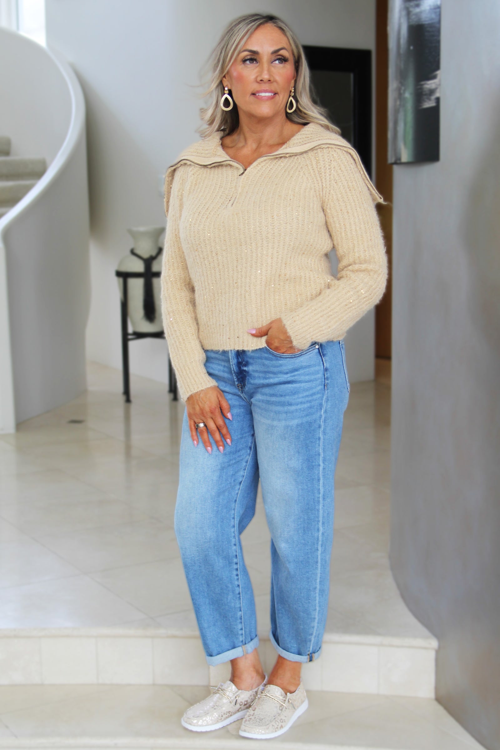 Half Zip Neckline Sequin Sweater