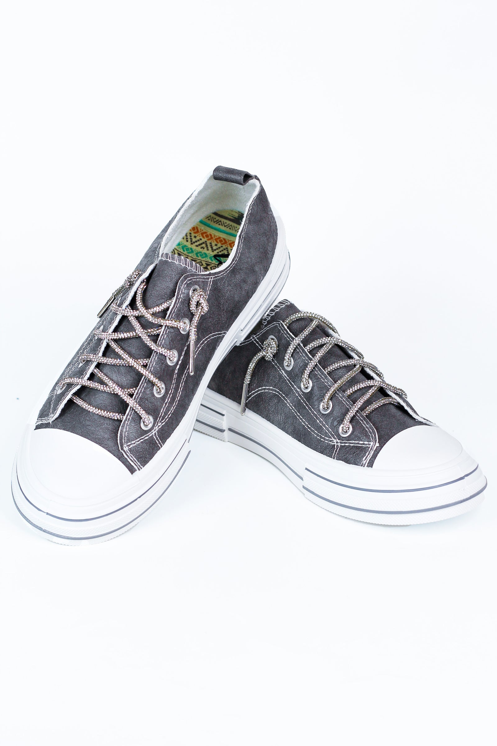 Textured Gray Leather Striped Sole Glitter Lace Sneaker
