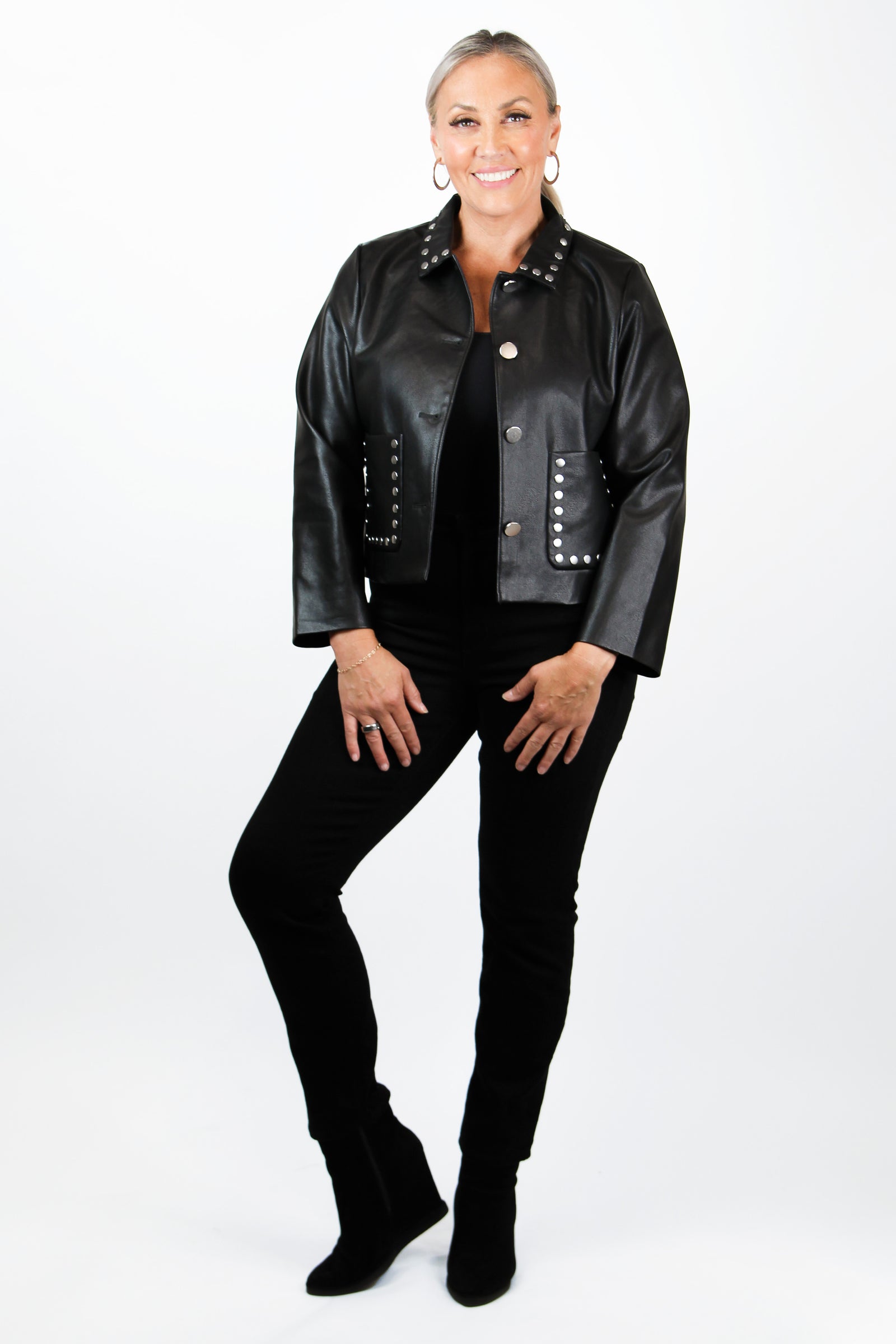 Faux Leather Studded Pocket & Collar Jacket