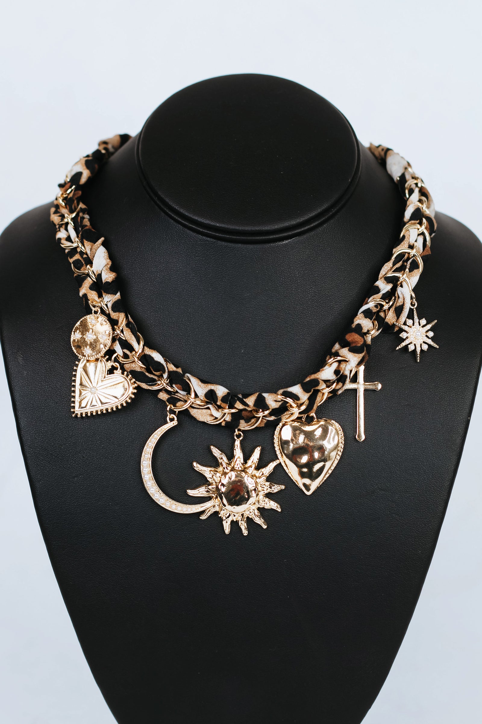 Leopard Fabric & Chain Necklace w/ Sun & Various Pearl Accent Charms