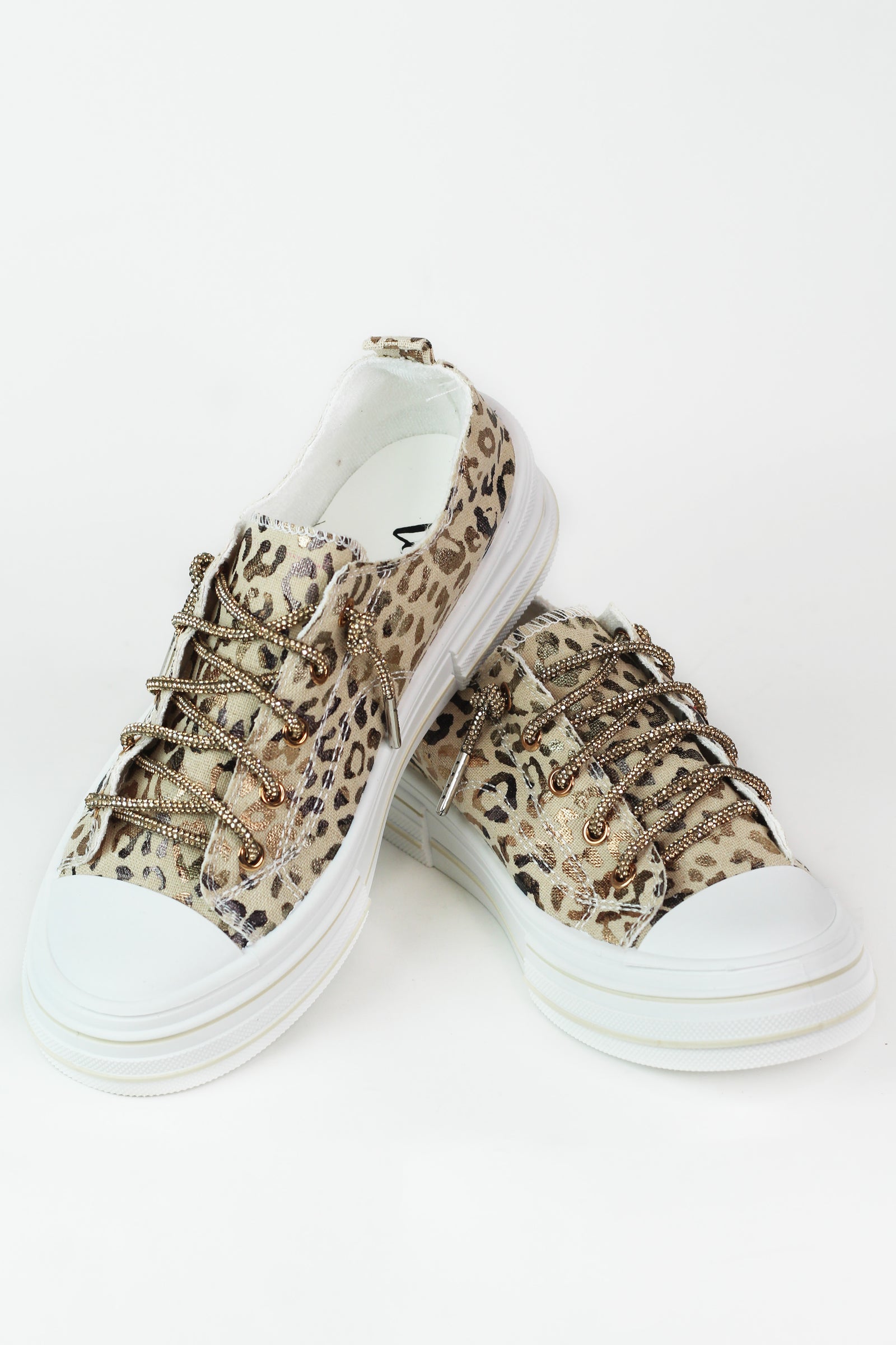 Leopard Canvas Sneakers w/ Rhinestone Shoe Laces