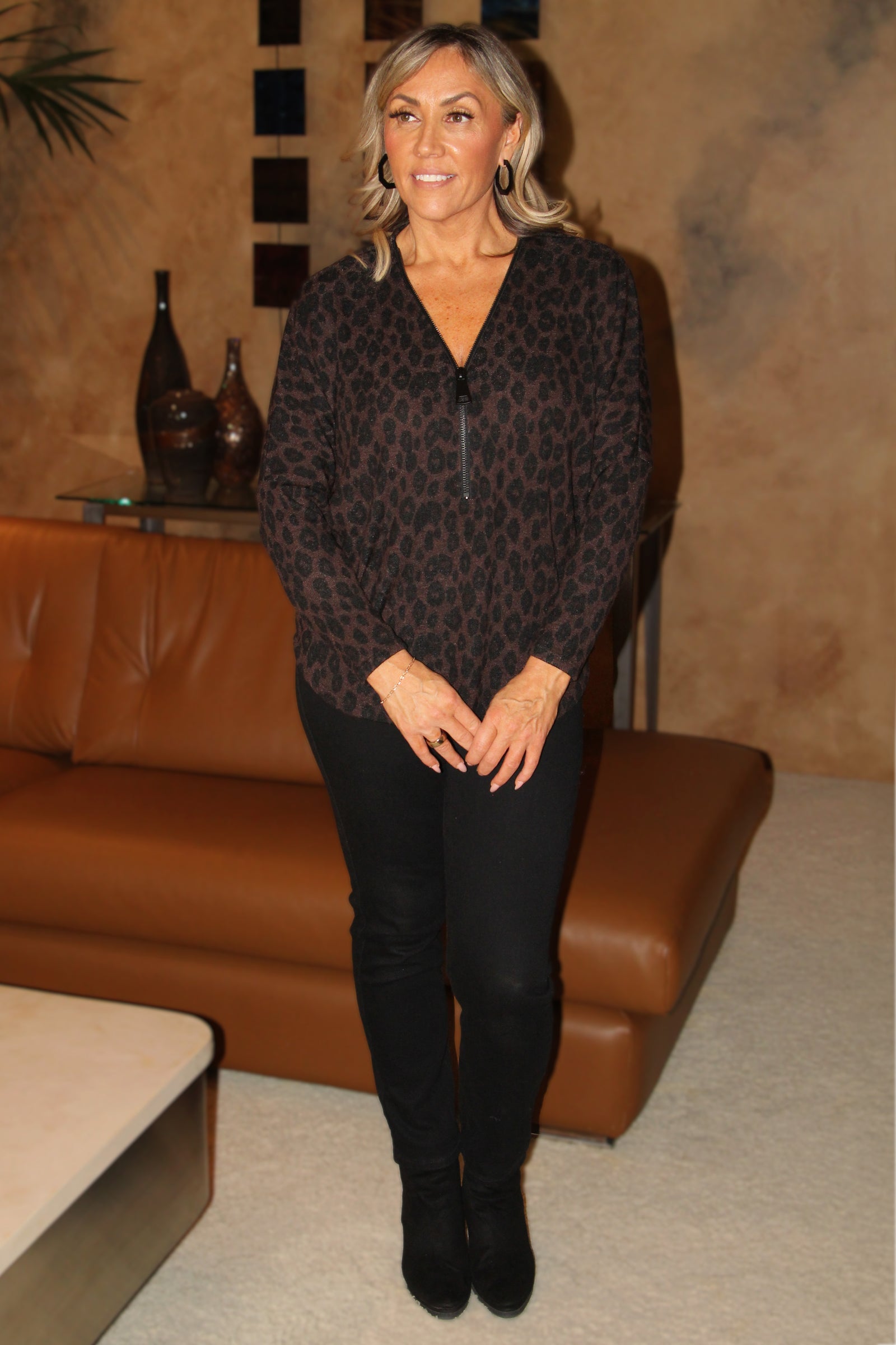 Leopard Print Dolman Sleeve Half Zip Top