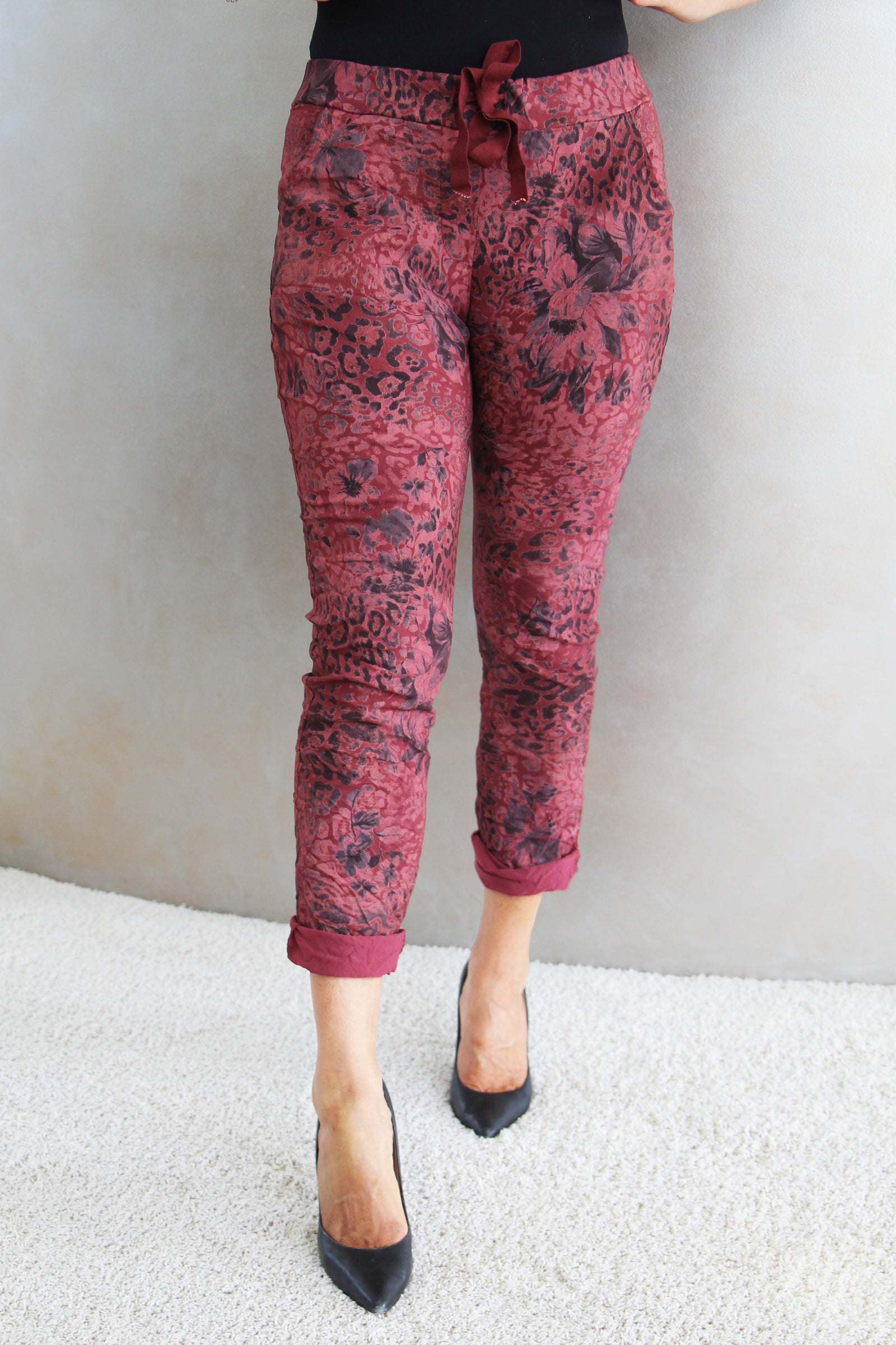 Leopard & Floral Print Crinkle Joggers