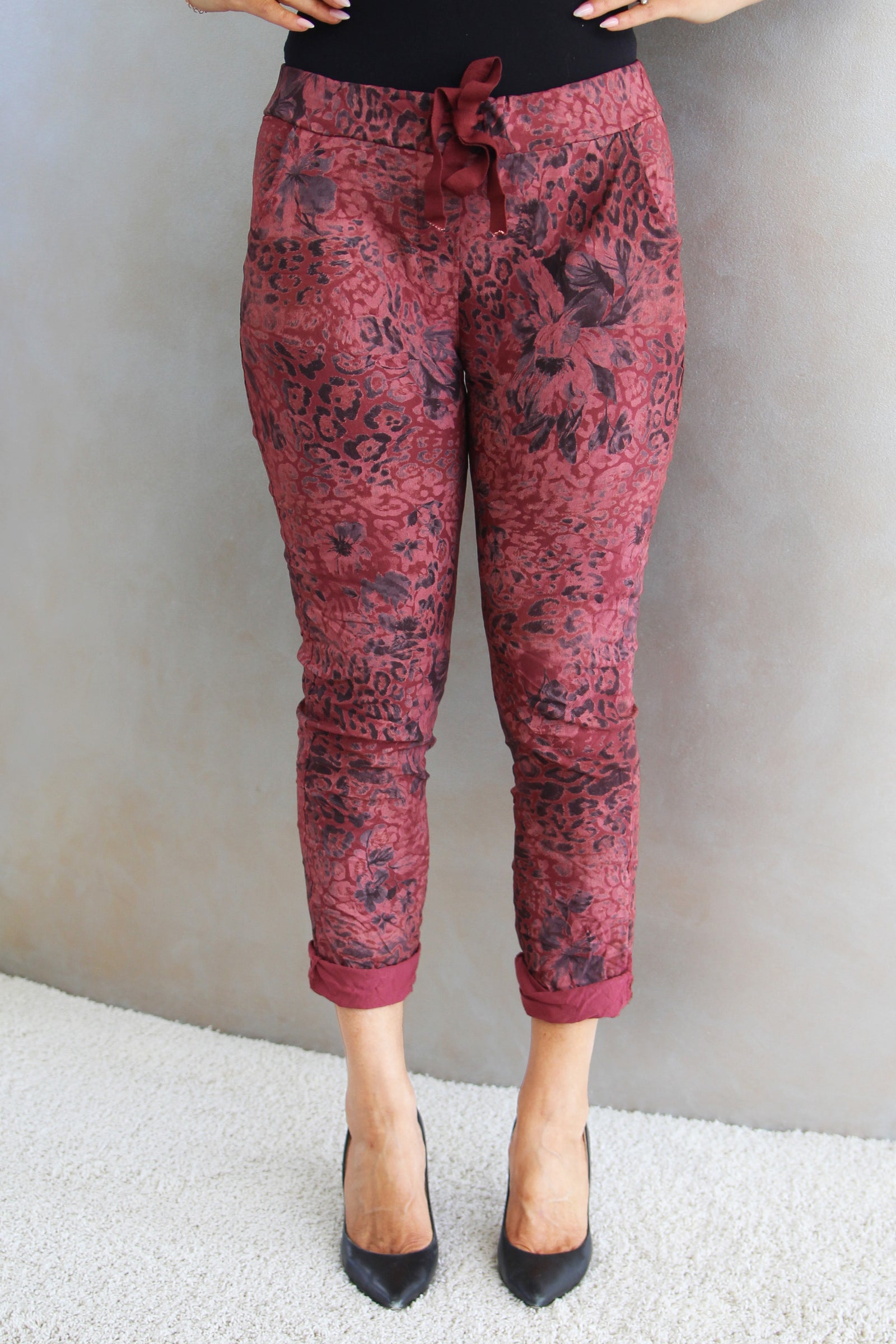 Leopard & Floral Print Crinkle Joggers