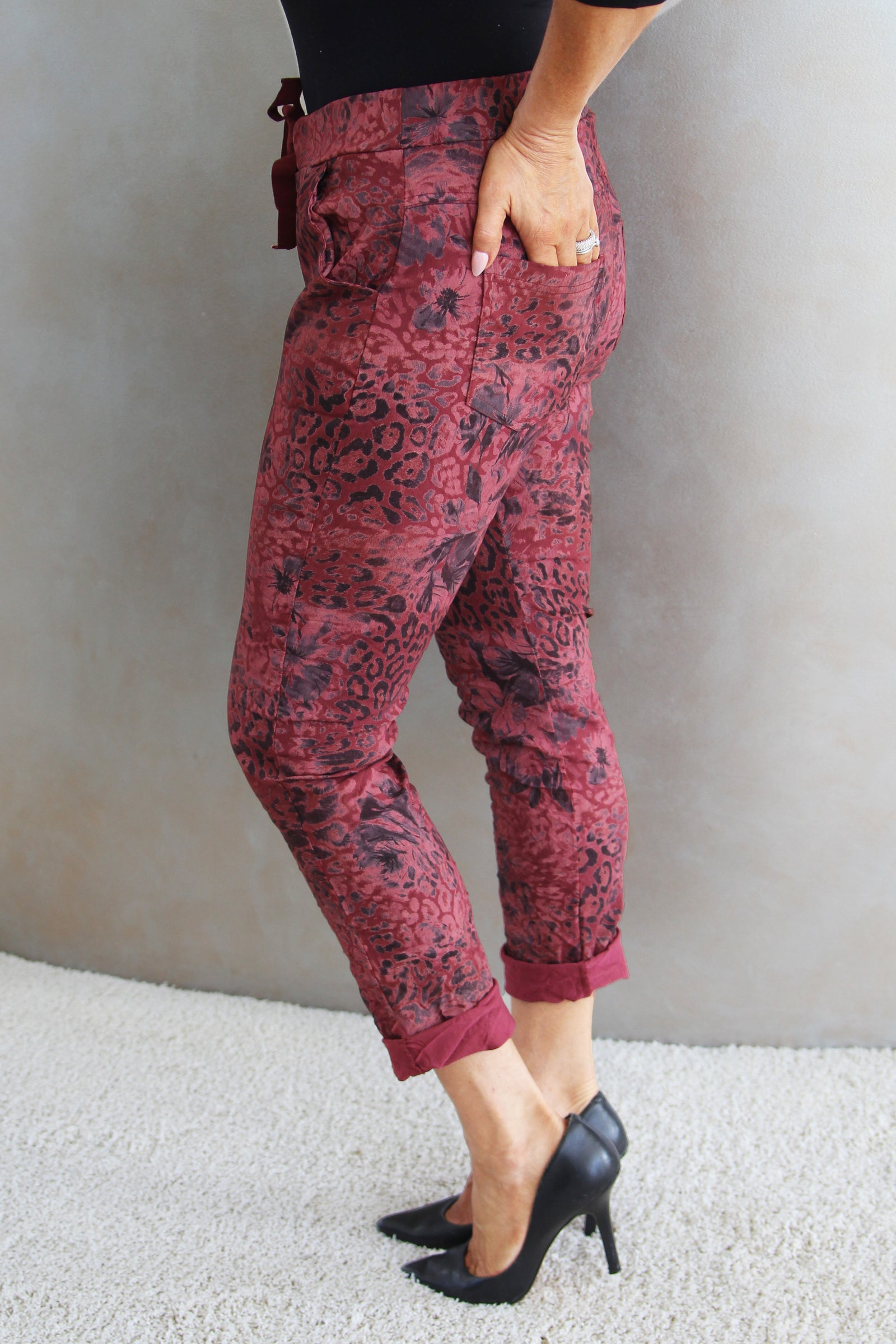 Leopard & Floral Print Crinkle Joggers