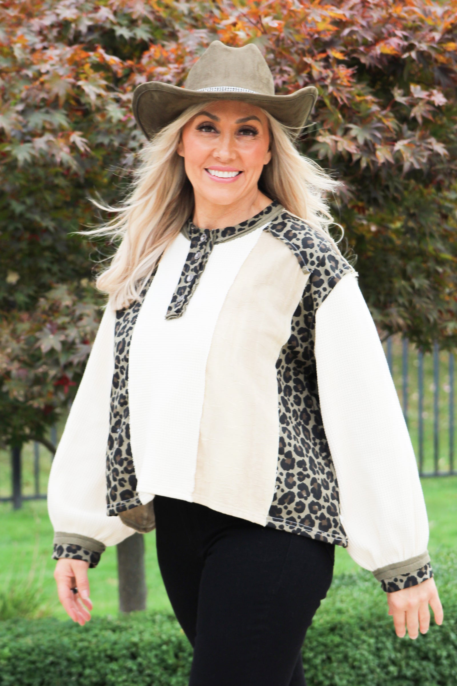 Half Button Thermal Knit Color Blocked Top w/ Leopard Accents