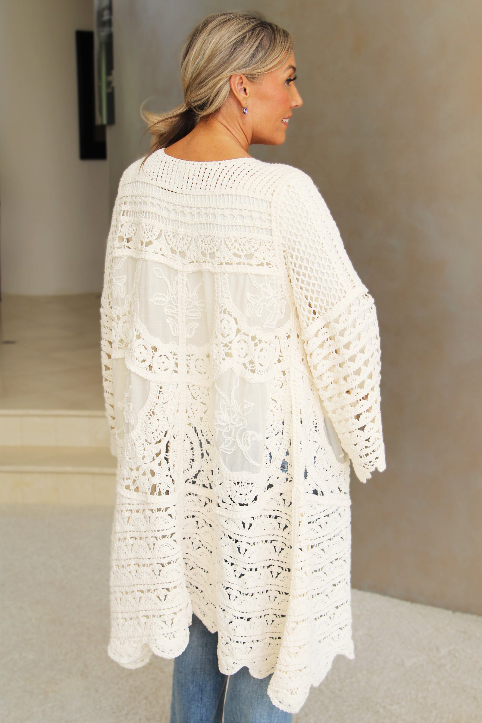Long Cream Crochet Sweater