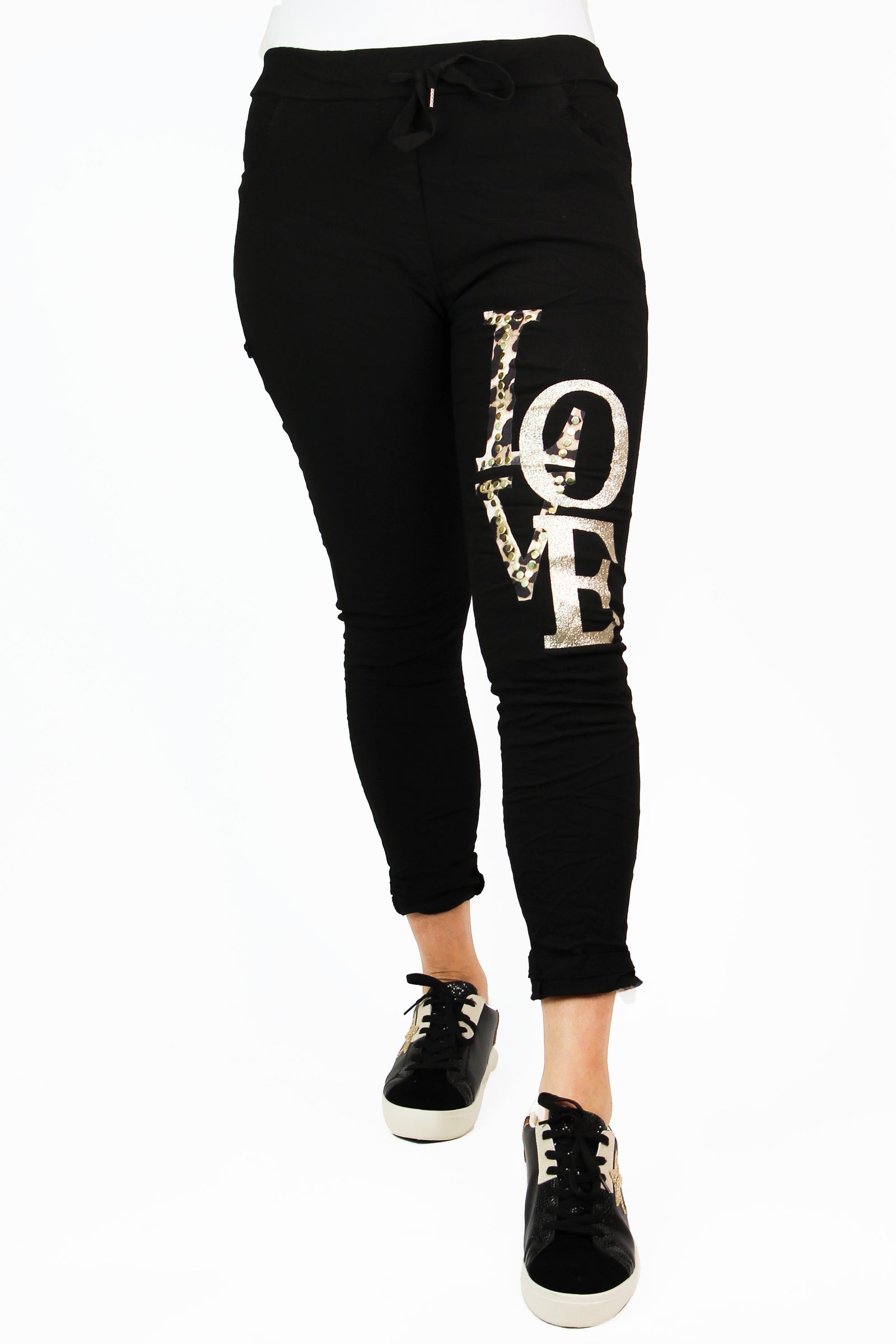Crinkled Drawstring Joggers w/ Leopard & Glitter "LOVE" and Rivet Accents