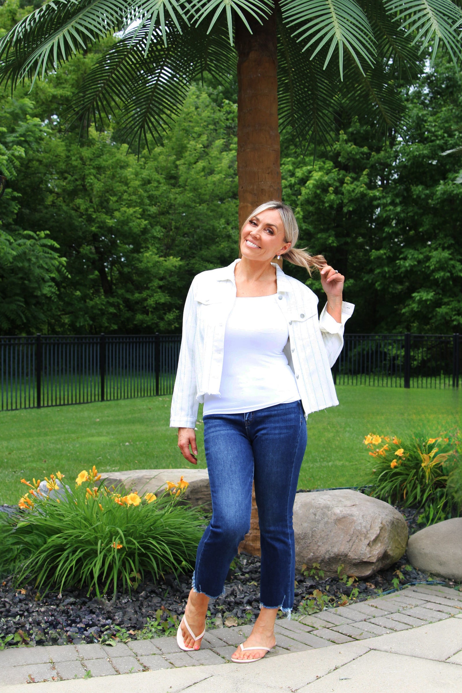 Denim Jacket w/ Rhinestone Stripe Detail