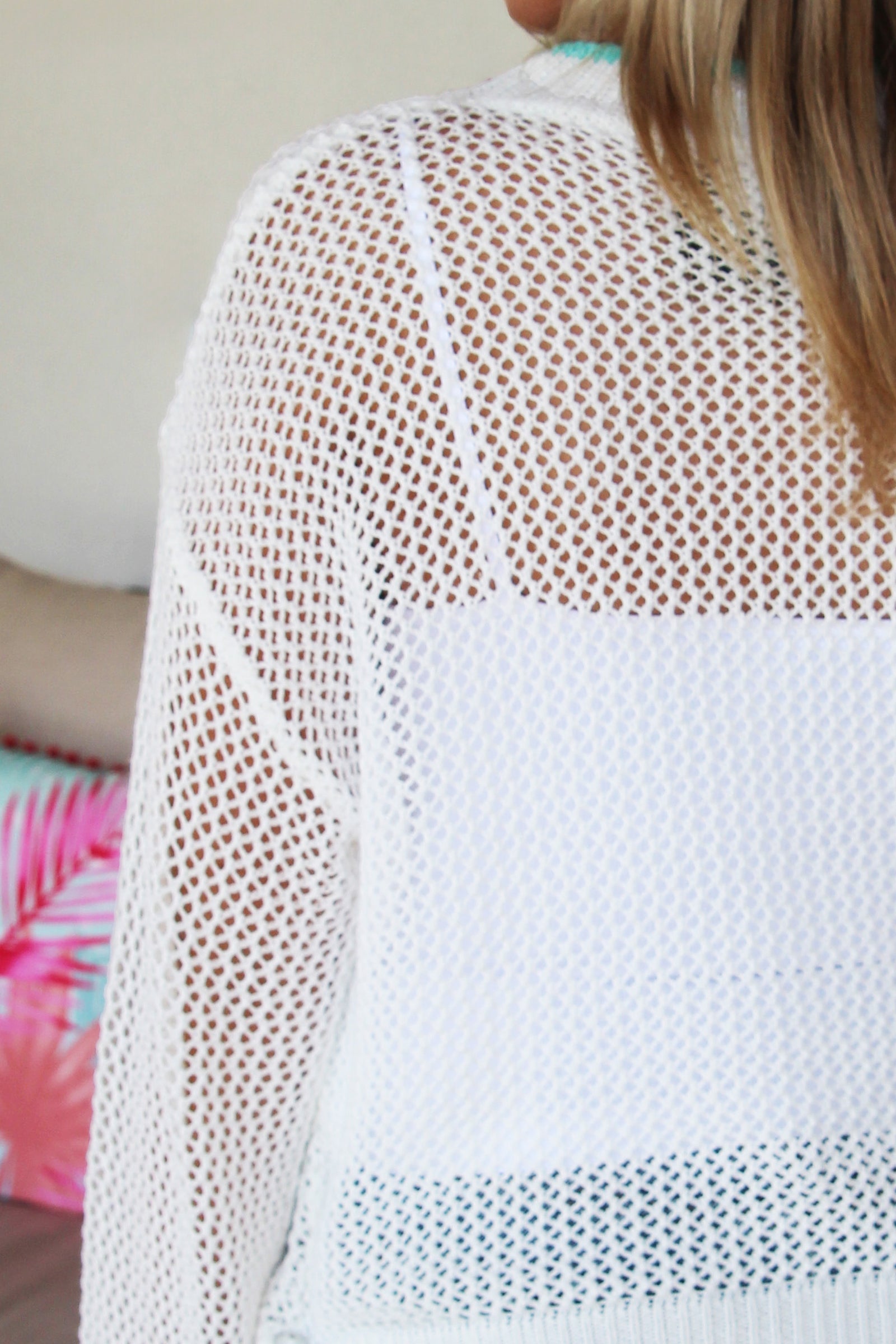 Open Knit Palm Tree Sweater w/ Contrast Trim