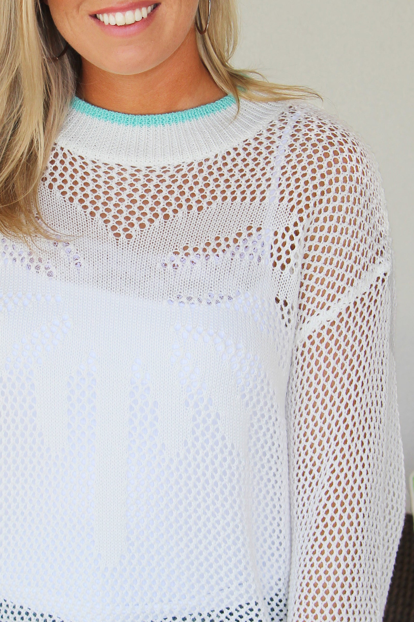 Open Knit Palm Tree Sweater w/ Contrast Trim