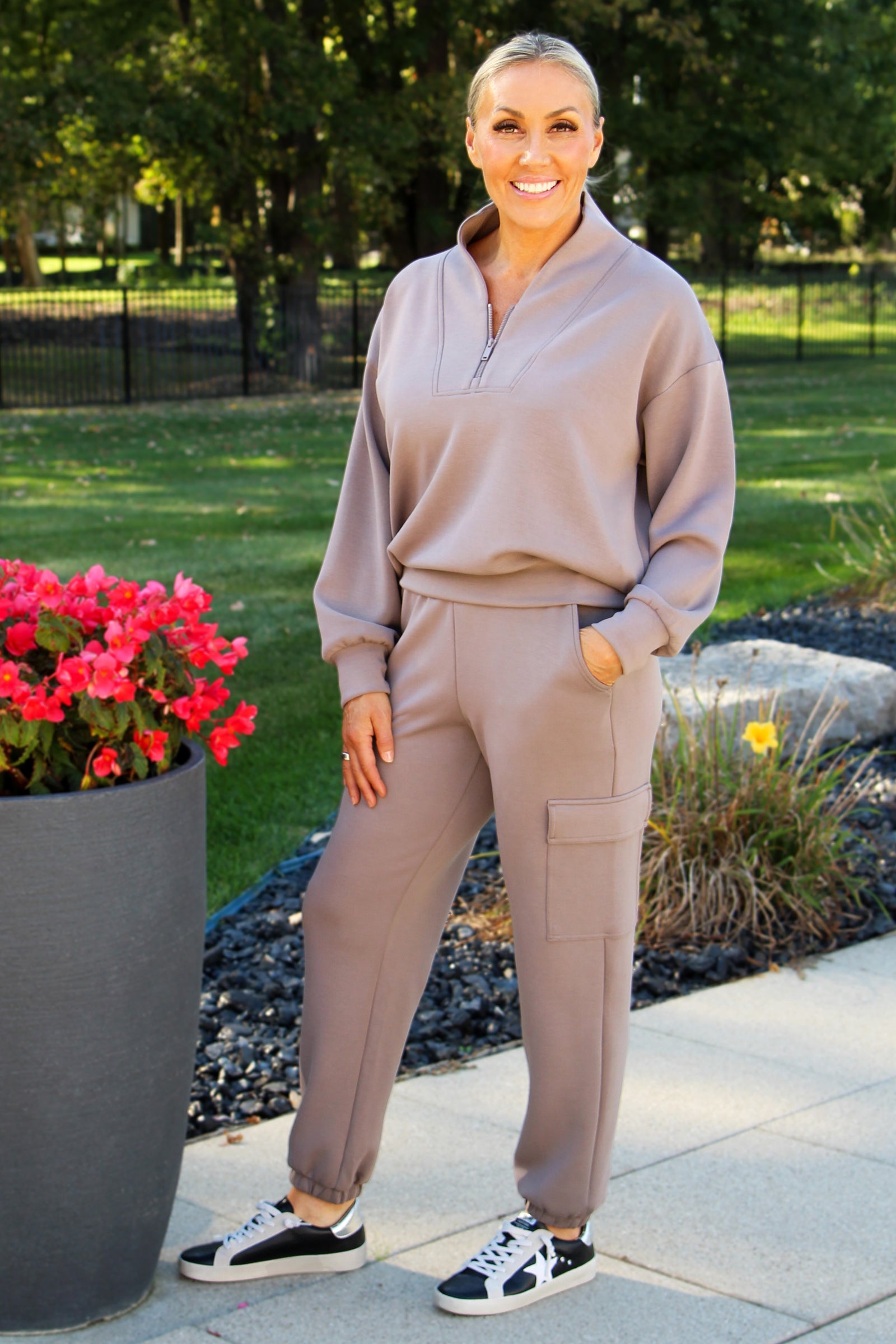 V-Neck Zip Scuba Sweatshirt & Joggers w/ Pockets Set