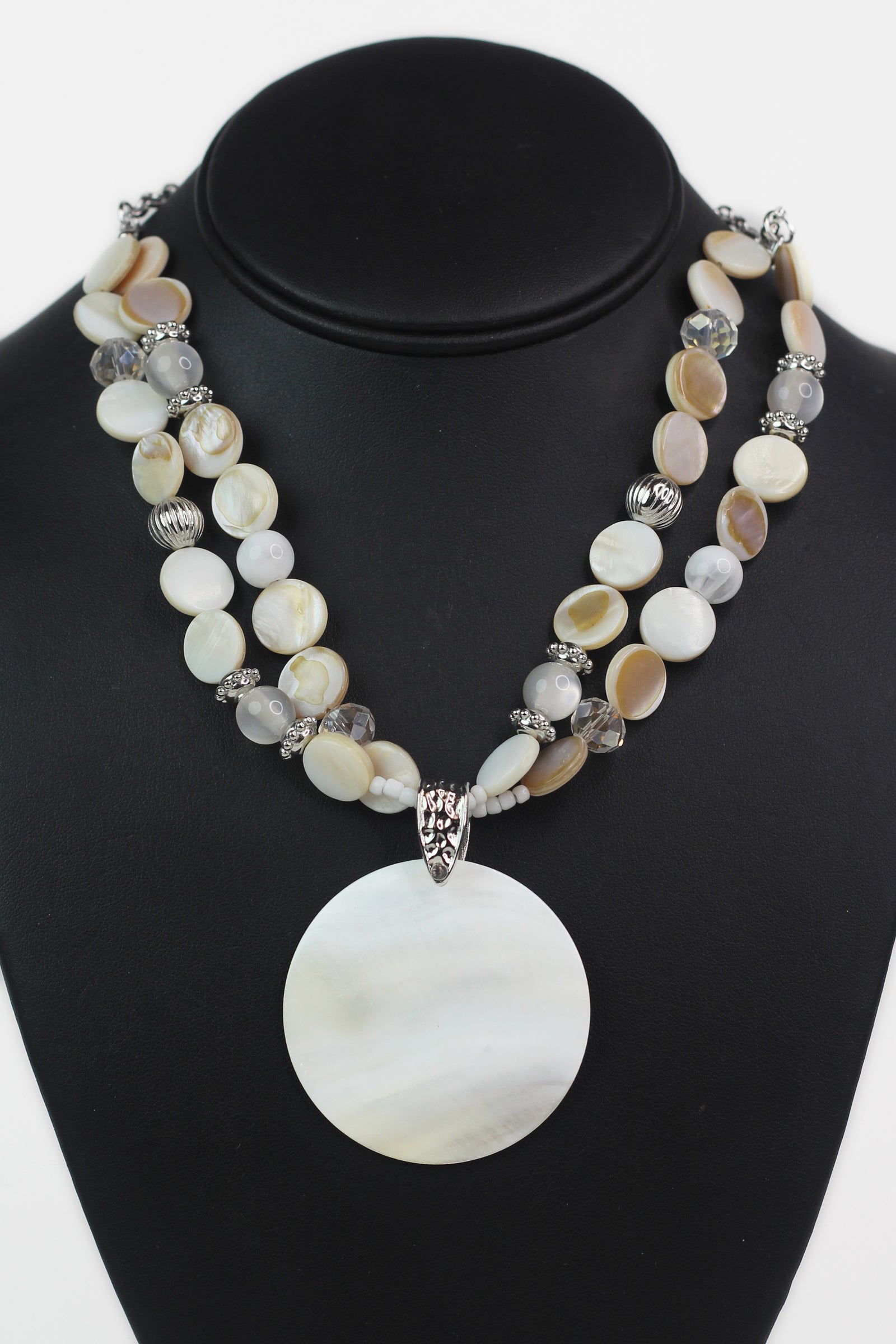 Two Strand Beaded Necklace w/ Round Shell Pendant