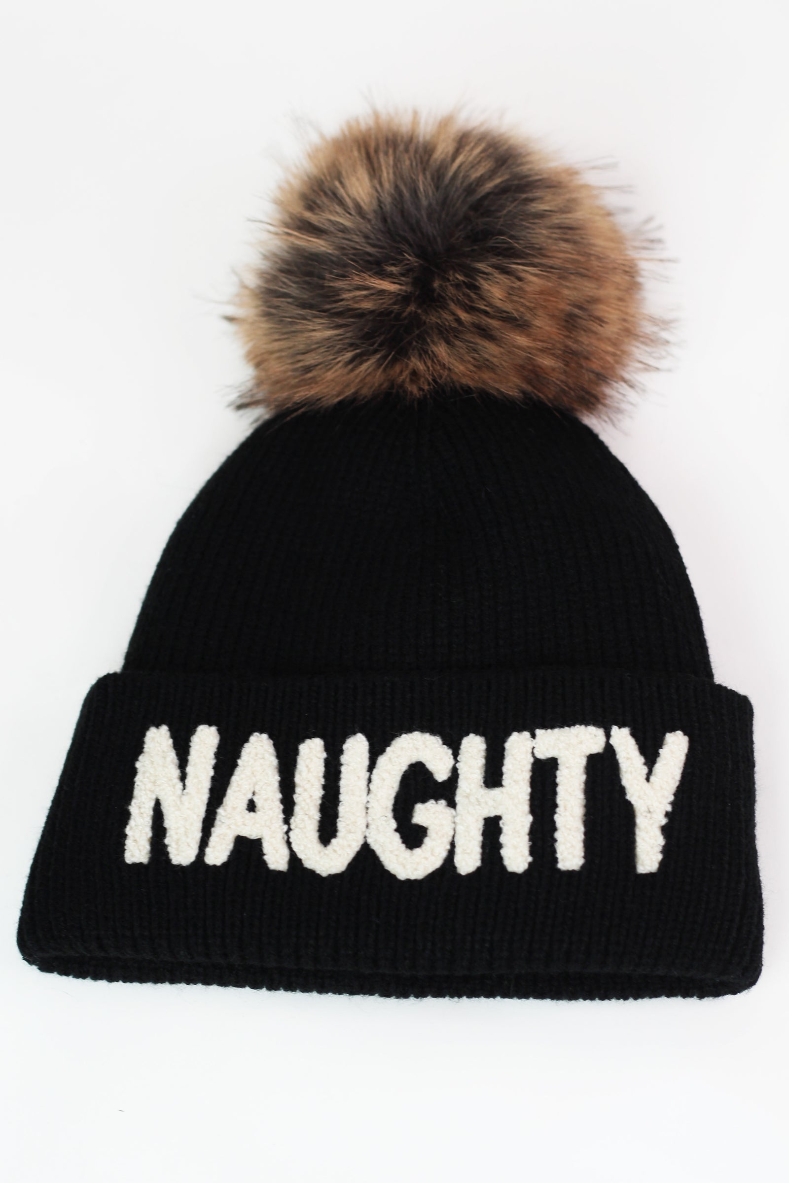 "Naughty" Fleece Lined Hat w/ Faux Fur Pom Pom