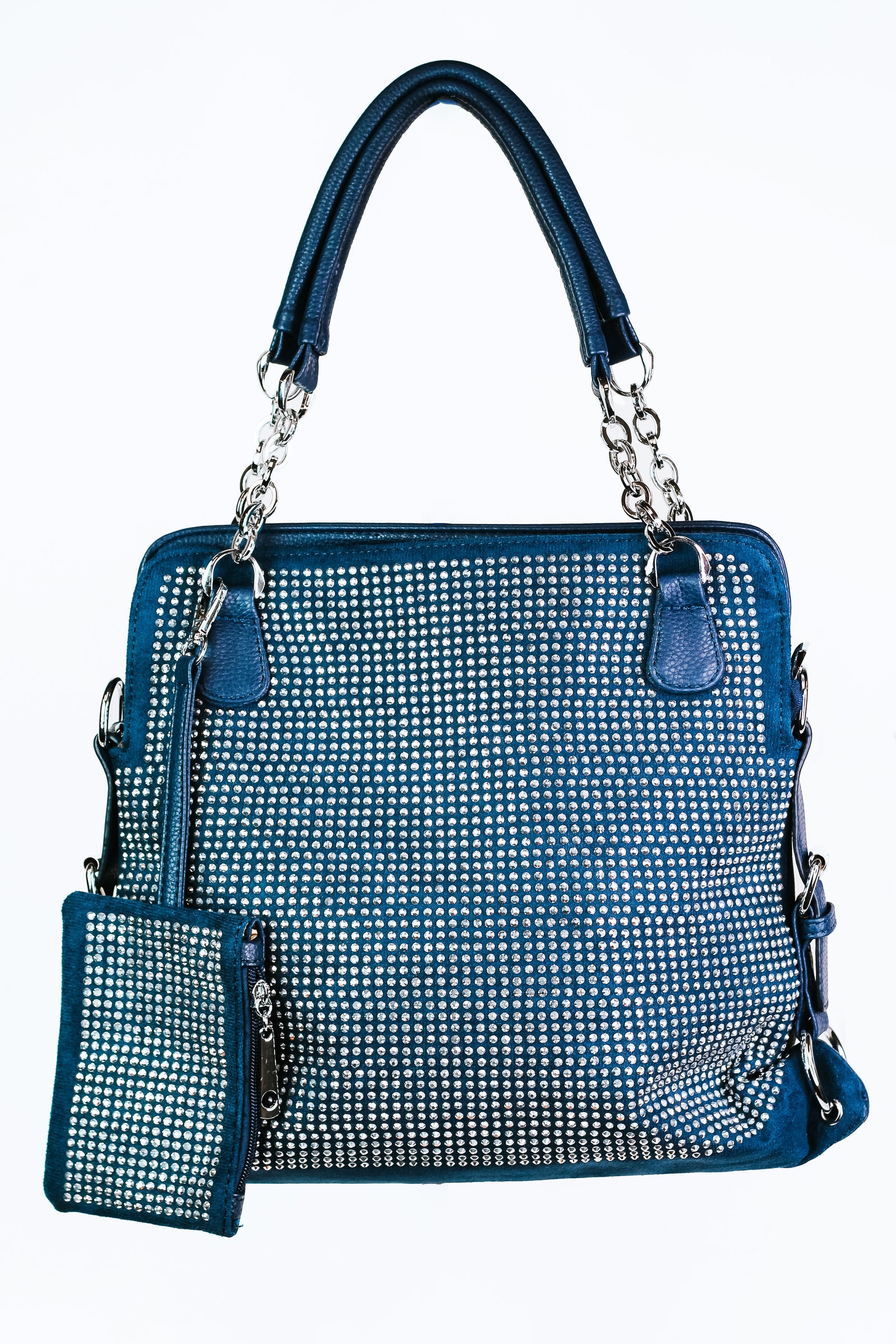 Rhinestone Front Double Handle Purse w/ Matching Wristlet Pouch - Glitz & Ears Boutique