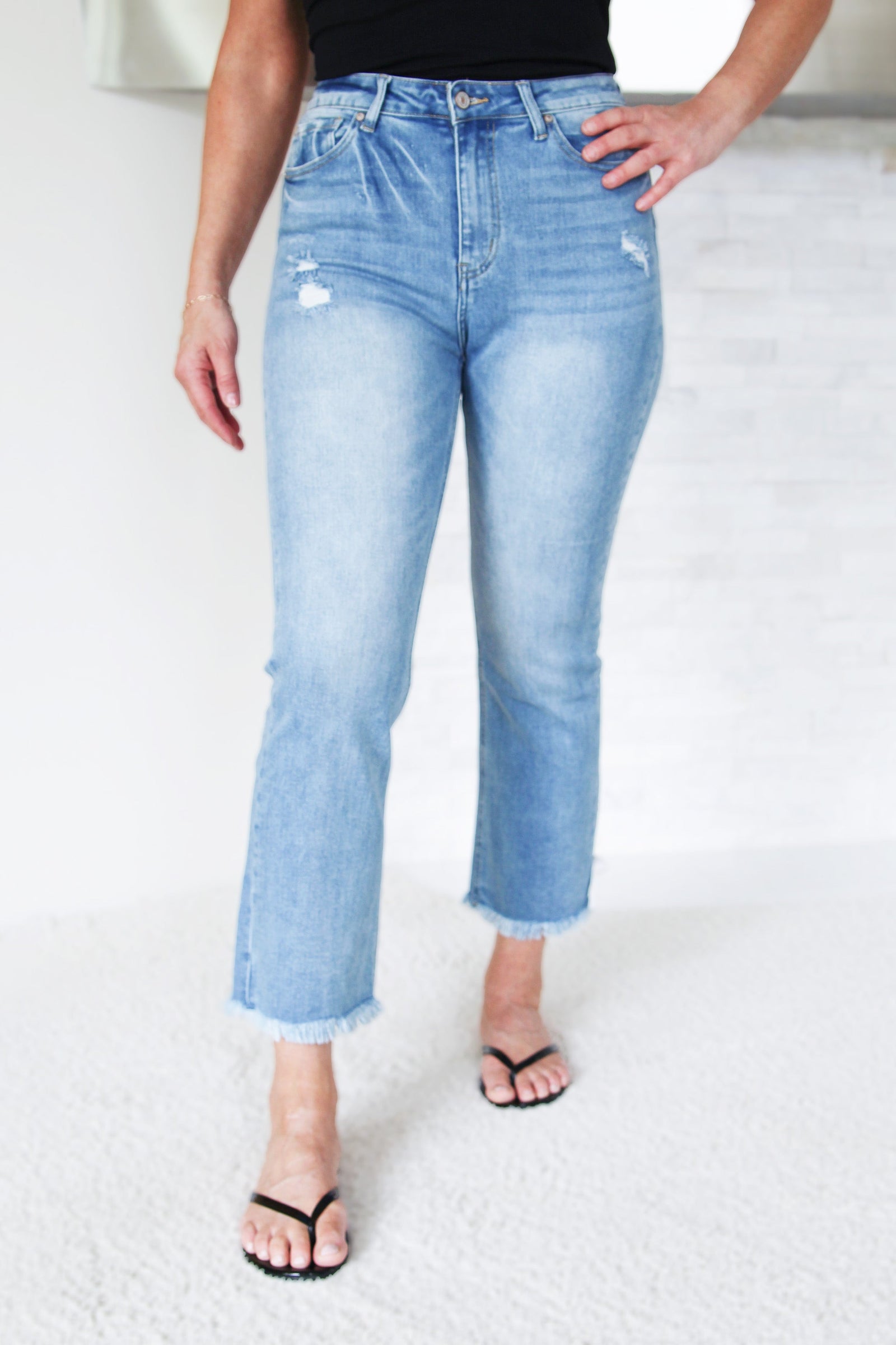 High Rise Distressed Straight Raw Hem Cropped Jeans