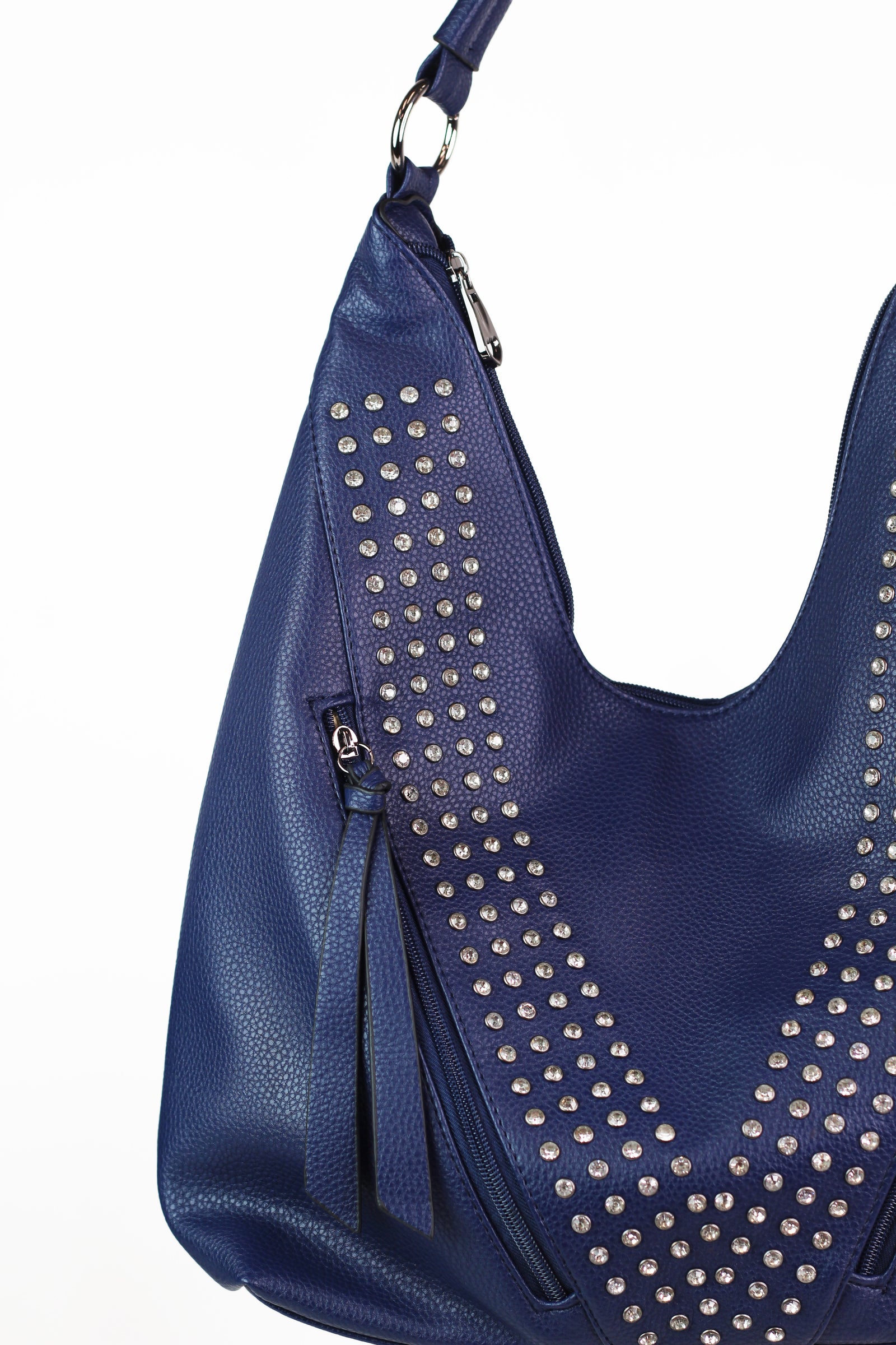 One Handle U-Top Purse w/ Front Zip Pockets & Rhinestone Accents