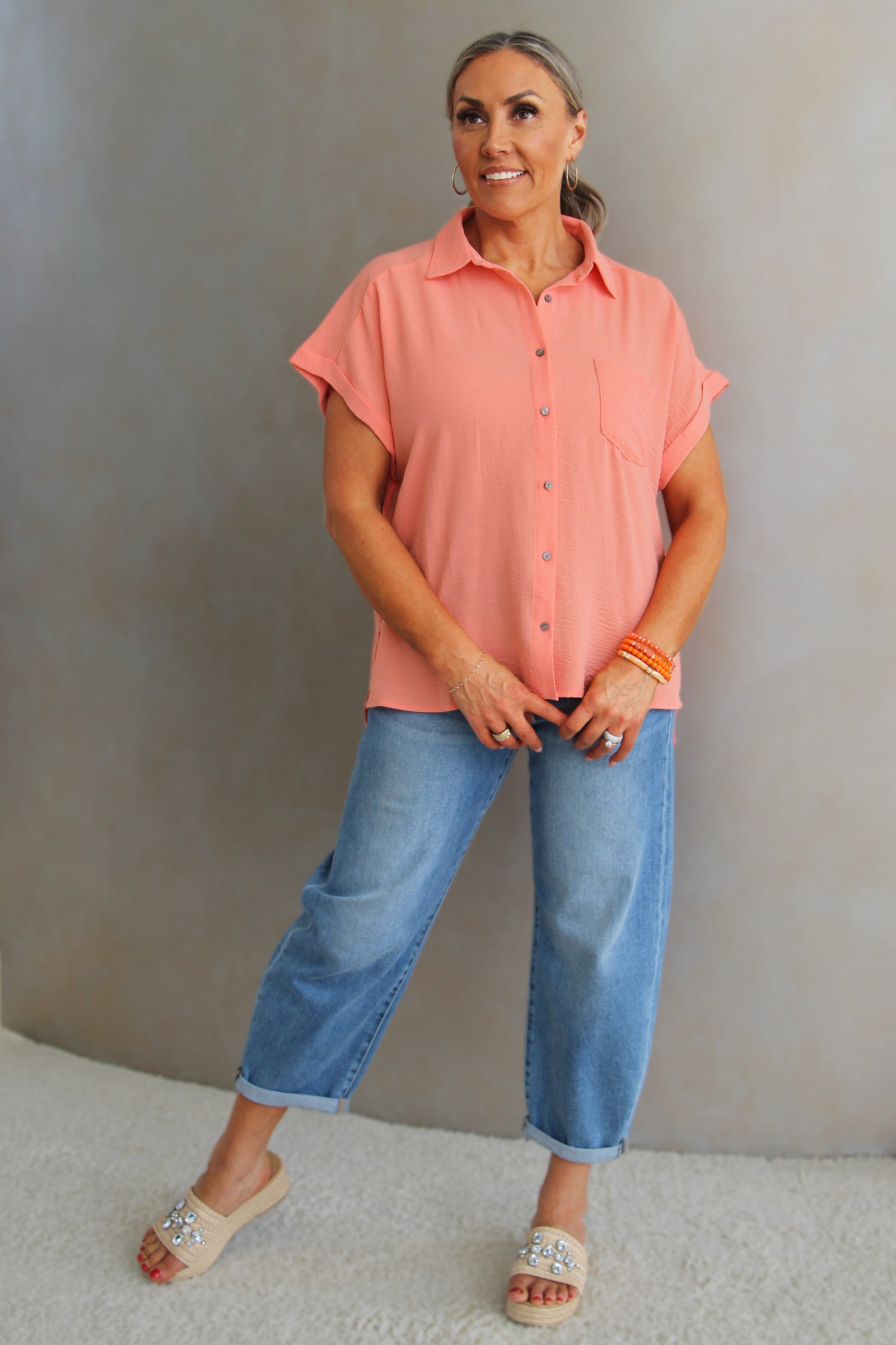 Crinkle Fabric Button Down Short Sleeve Shirt