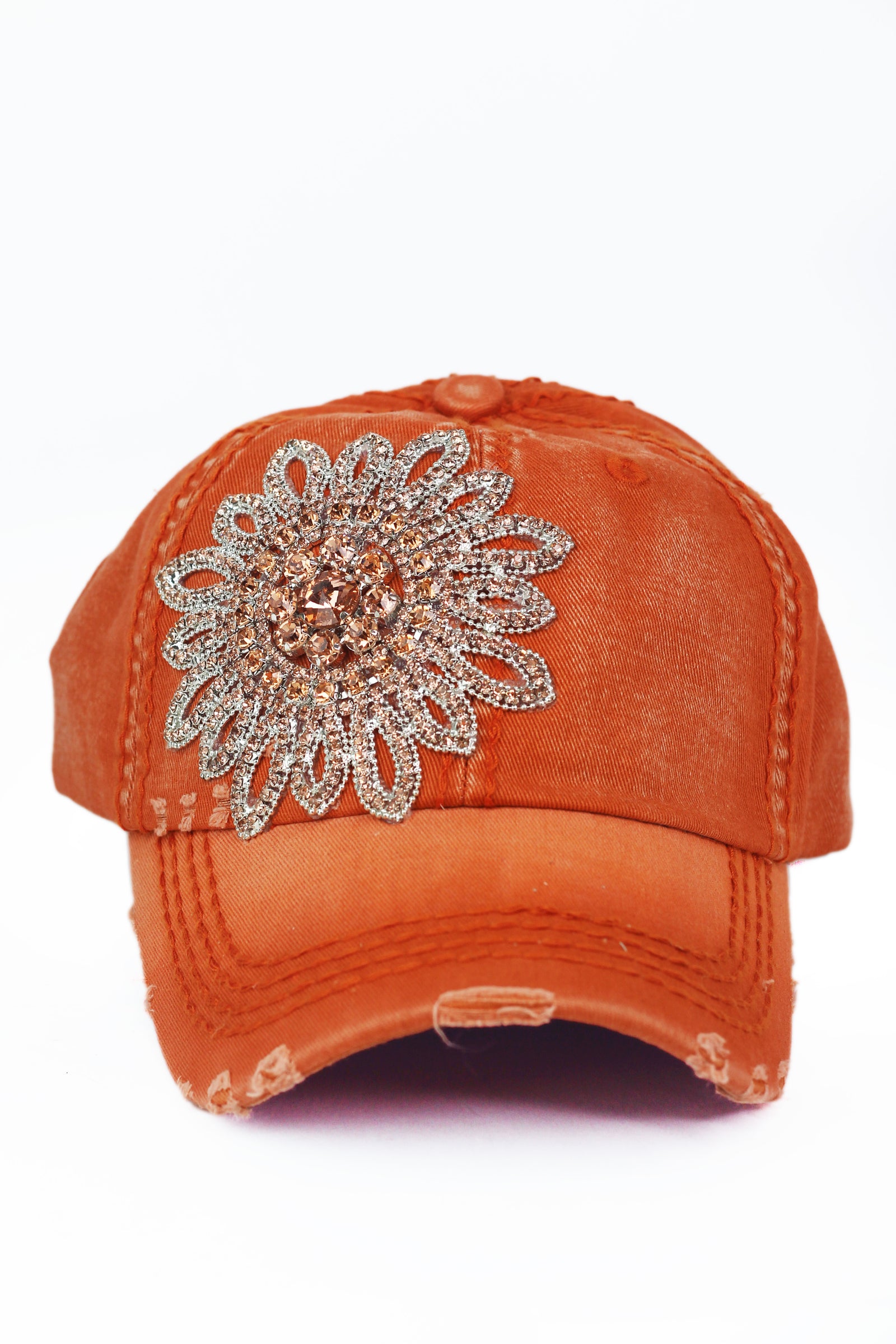 AB Rhinestone Flower Distressed Baseball Hat