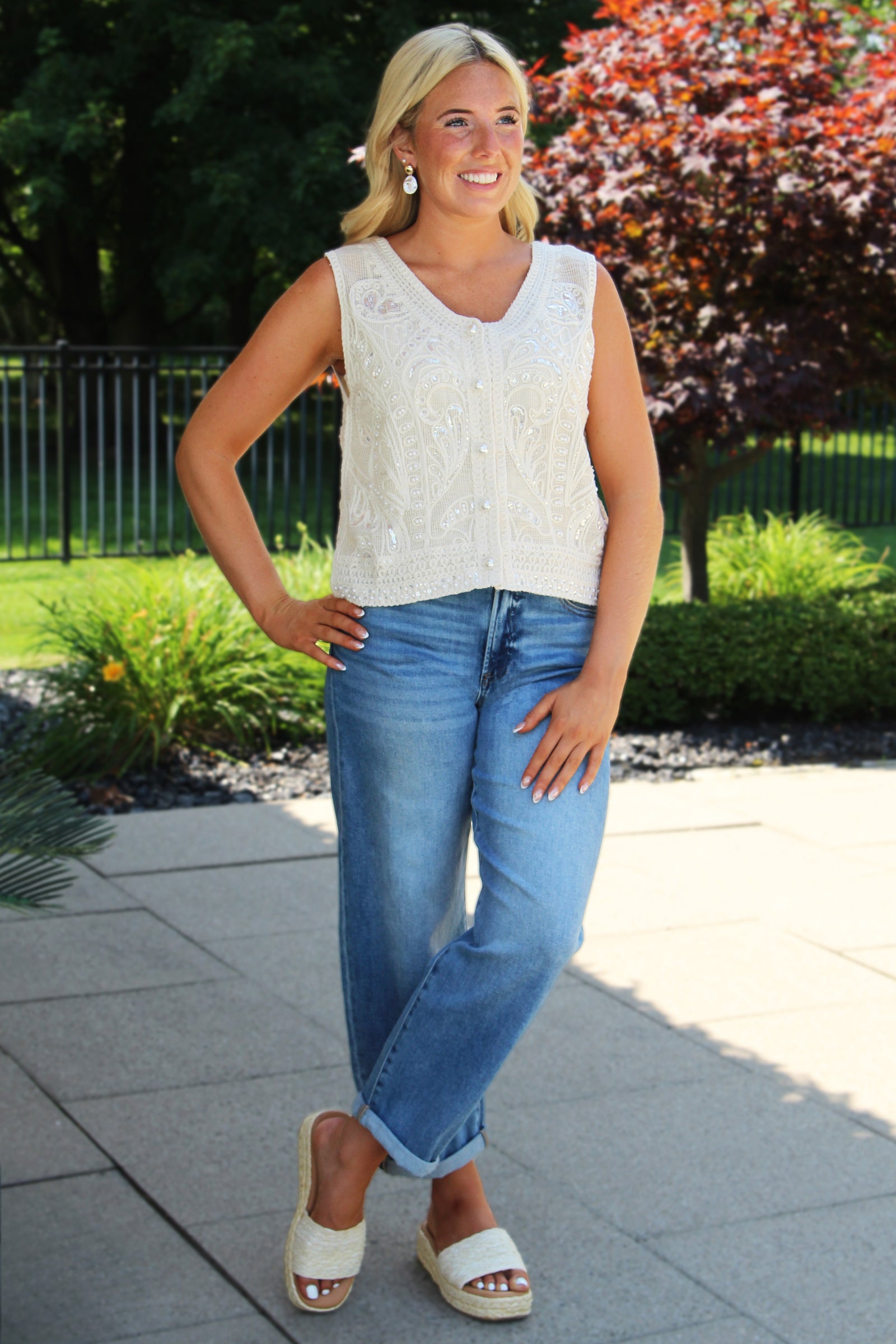 Mesh Swirls Pearls & Sequins Sleeveless Vest
