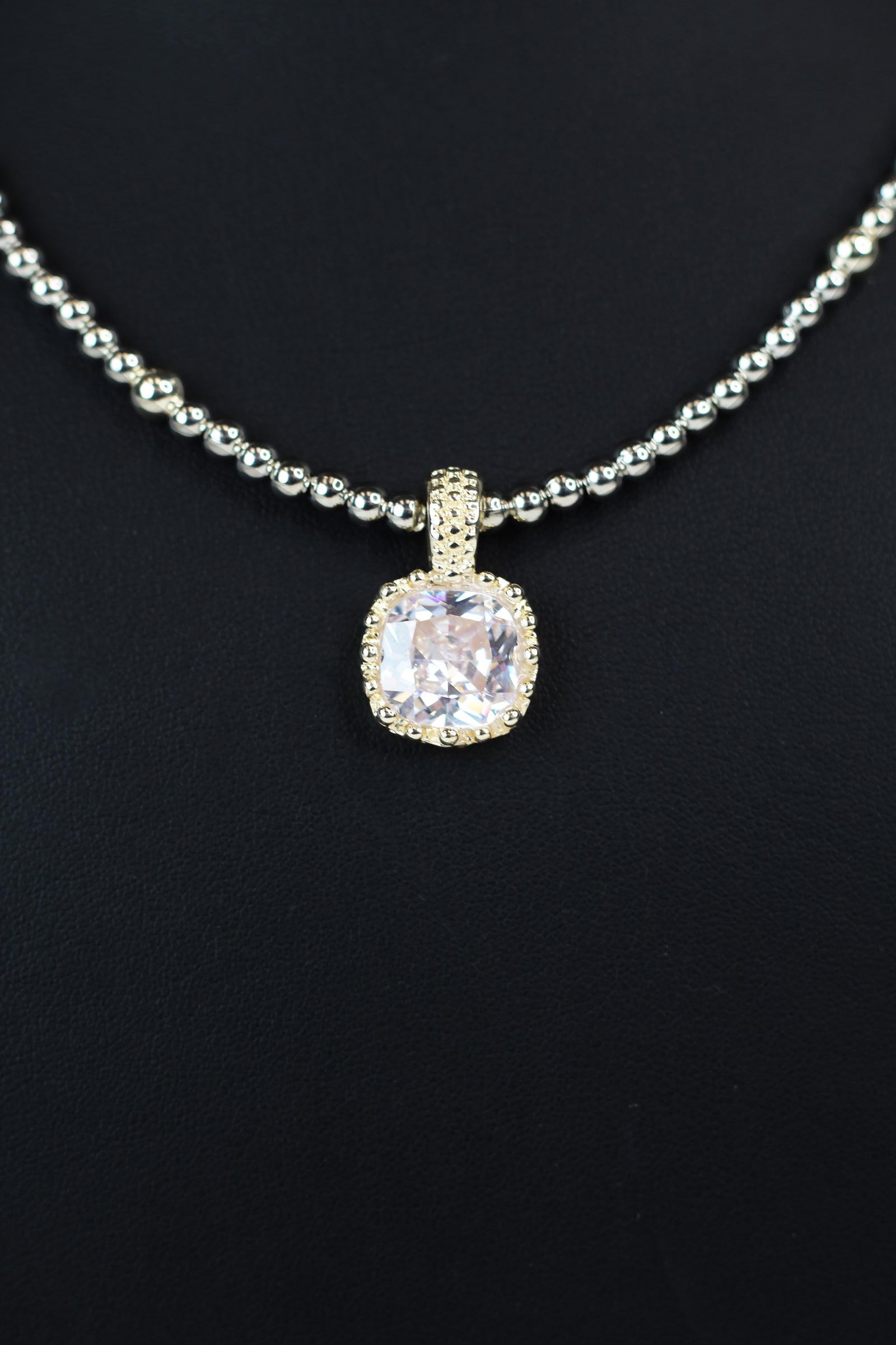 Two Toned Bead Necklace w/ Square Gemstone Pendant